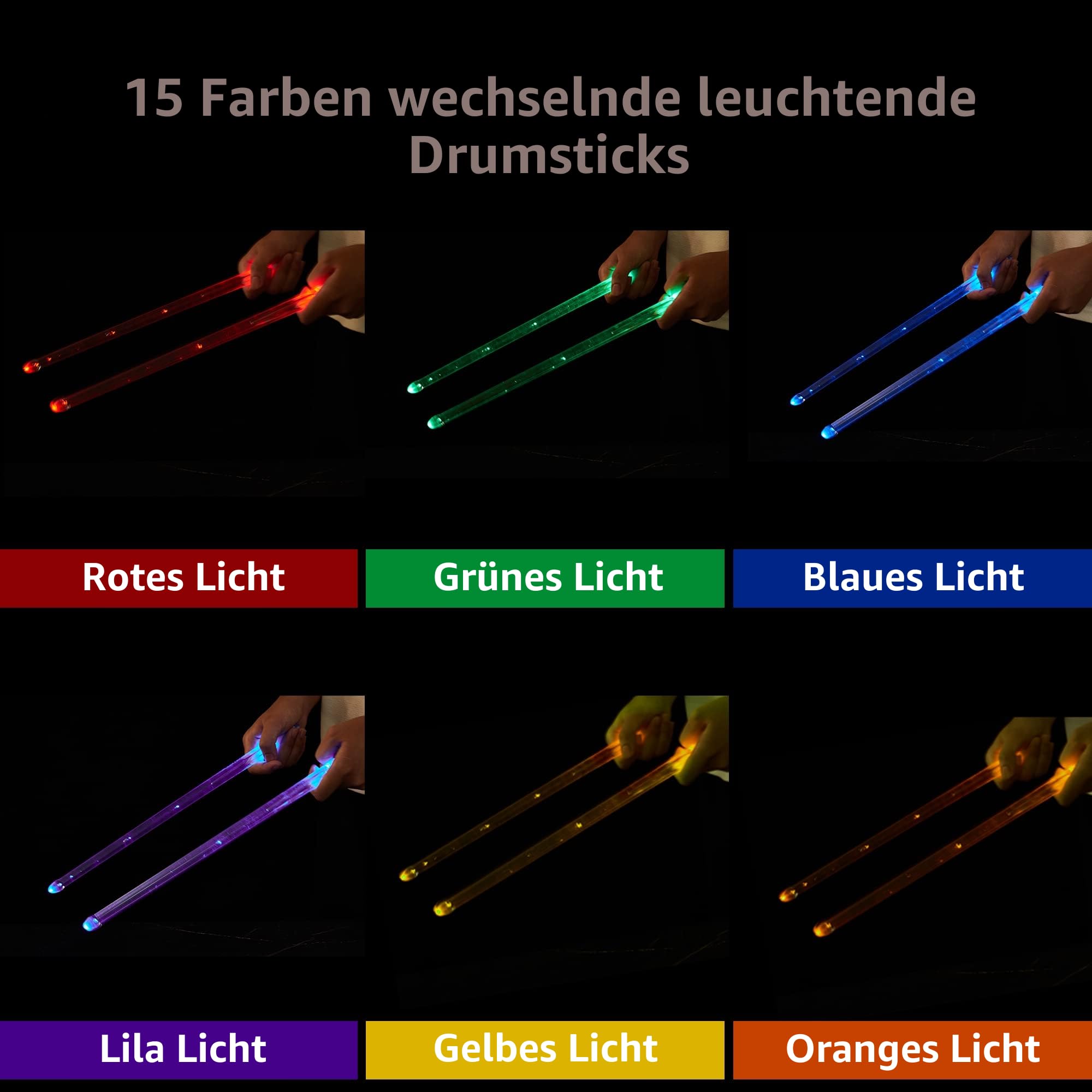 15 Farben LED Leuchten Trommelstock 5A, Beleuchtete Drumsticks