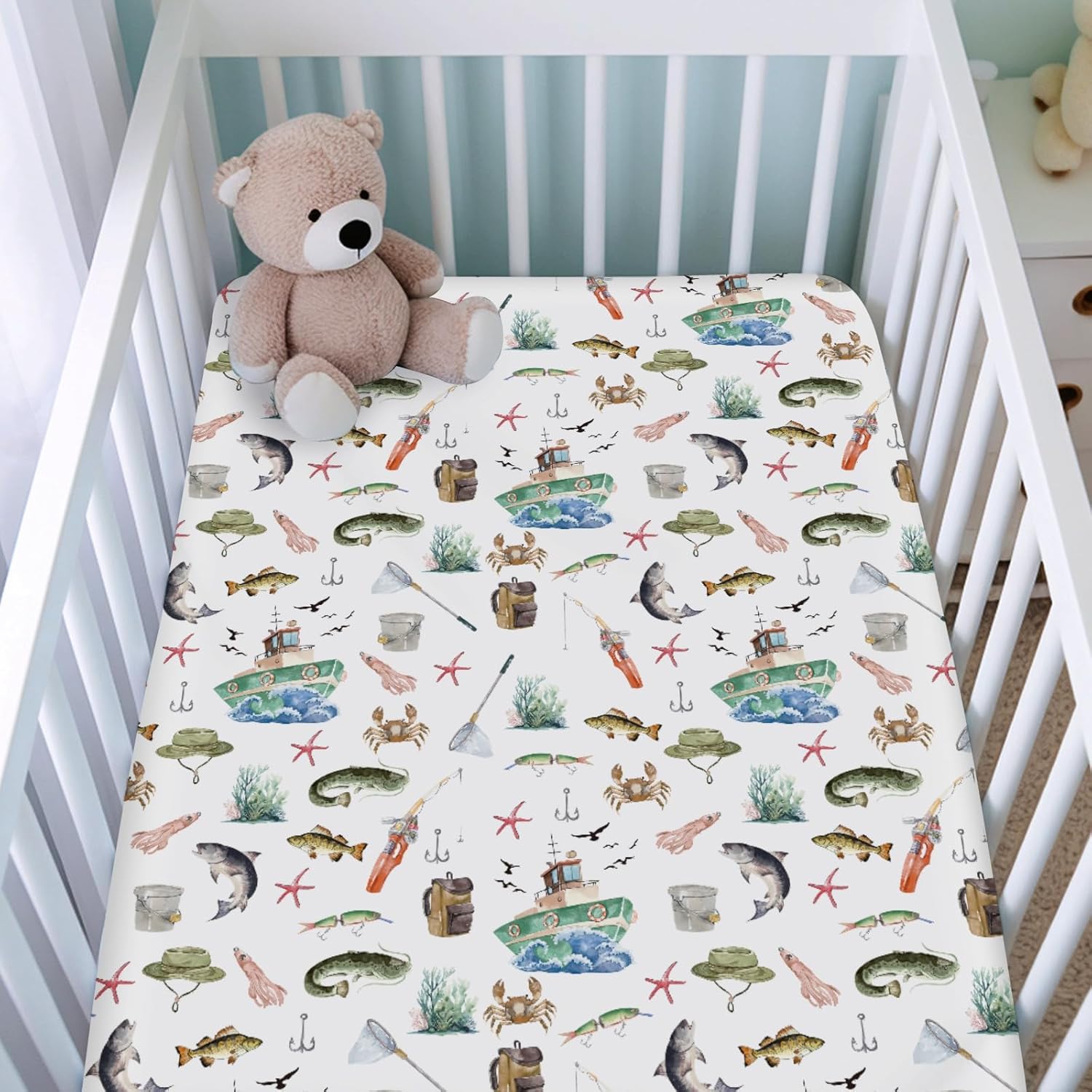Watercolor Ocean Boats Fishing Baby Crib Sheets for Boy Girl 52"x28" Fishing Lovers Gift Fitted Crib Mattress Covers Sea Marine Bed Sheets for Standard Crib and Toddler Mattress