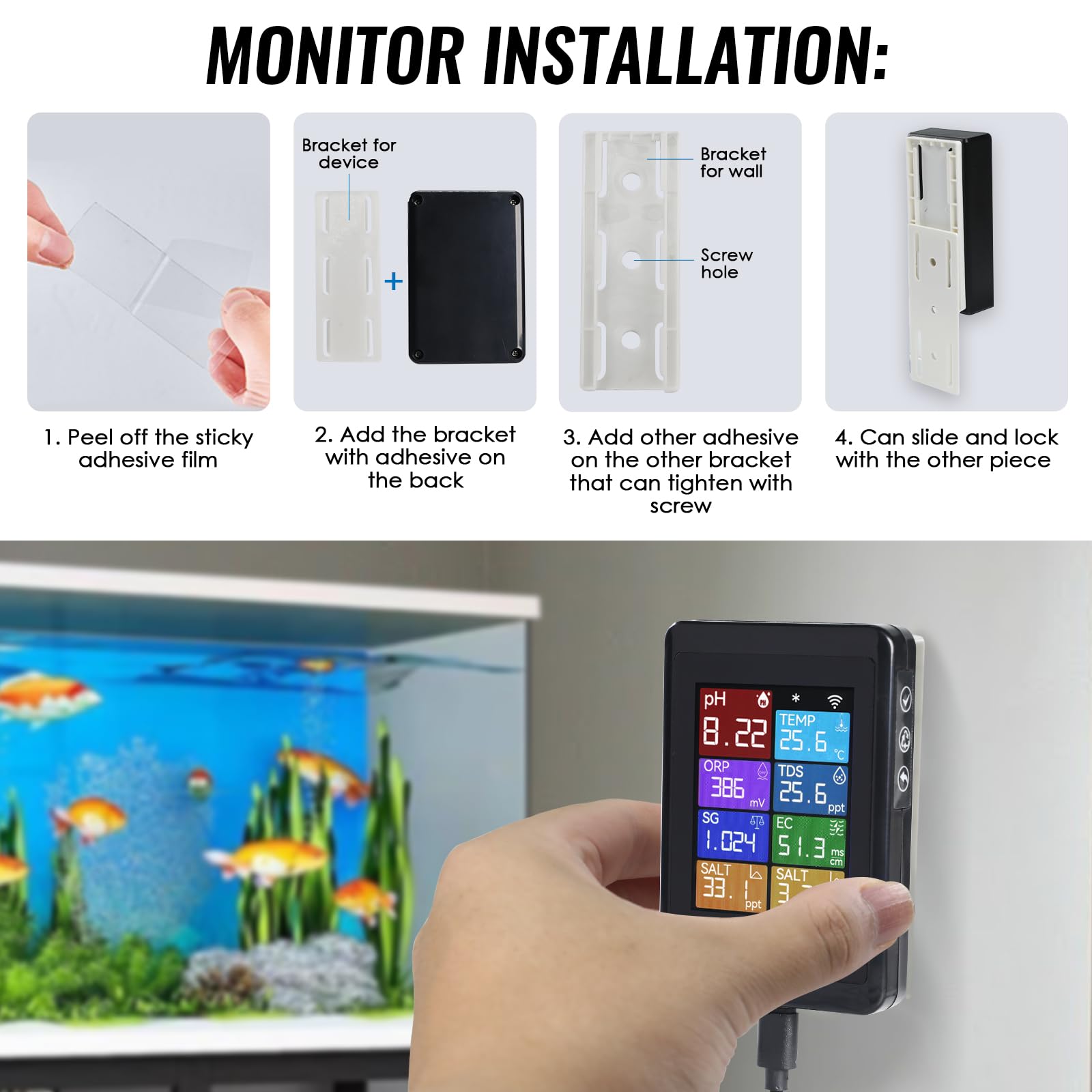 TEKCOPLUS Digitales pH-Messgerät, WLAN, Wasserqualitätsmonitor mit Sonde für Aquarien, Hydrokultur, Schwimmbäder, Teiche, Laboratorien, 8-in-1, misst pH Temp TDS EC Salzgehalt ORP SG