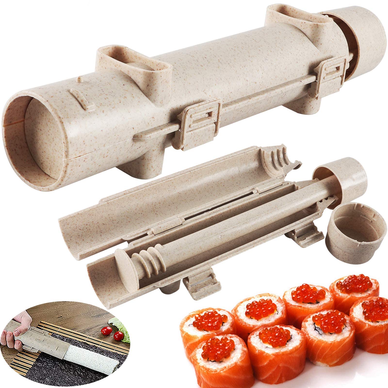 ELECDON Sushi Mold All In One Sushi Bazooka Maker DIY Rice&Sushi Roller Machine Sushi Maker Sushi Making Kit&Set Kitchen Sushi Tool Easy Sushi Rolling Cooking Beginner Sushi Kit (Apricot color)