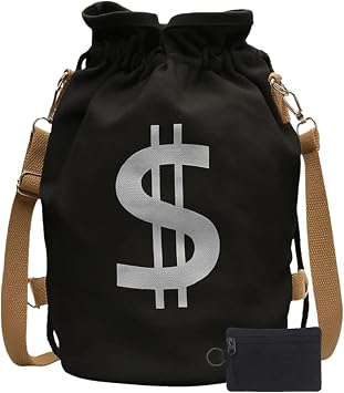 Money Bag Backpack, Canvas Drawstring Bag with Coin Pouch and Dollar Sign