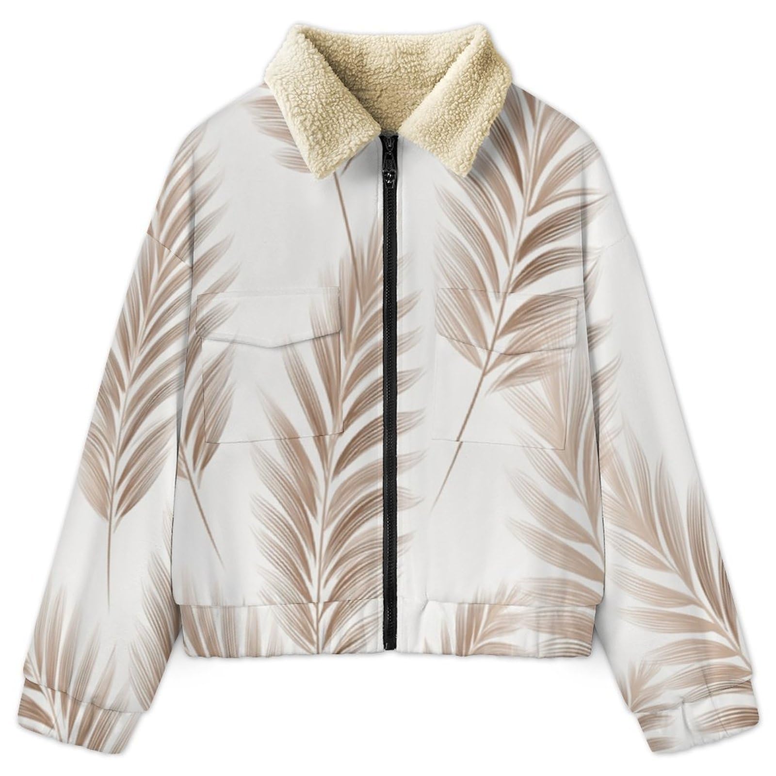 Giacca in Pile da Donna Teddy Fodera Peluche Sherpa con Cerniera, Stampa foglie palma, Giacca Paesaggio tropicale Caldo Fleece Maniche Lunghe, Giacche Inverno con Tascabile