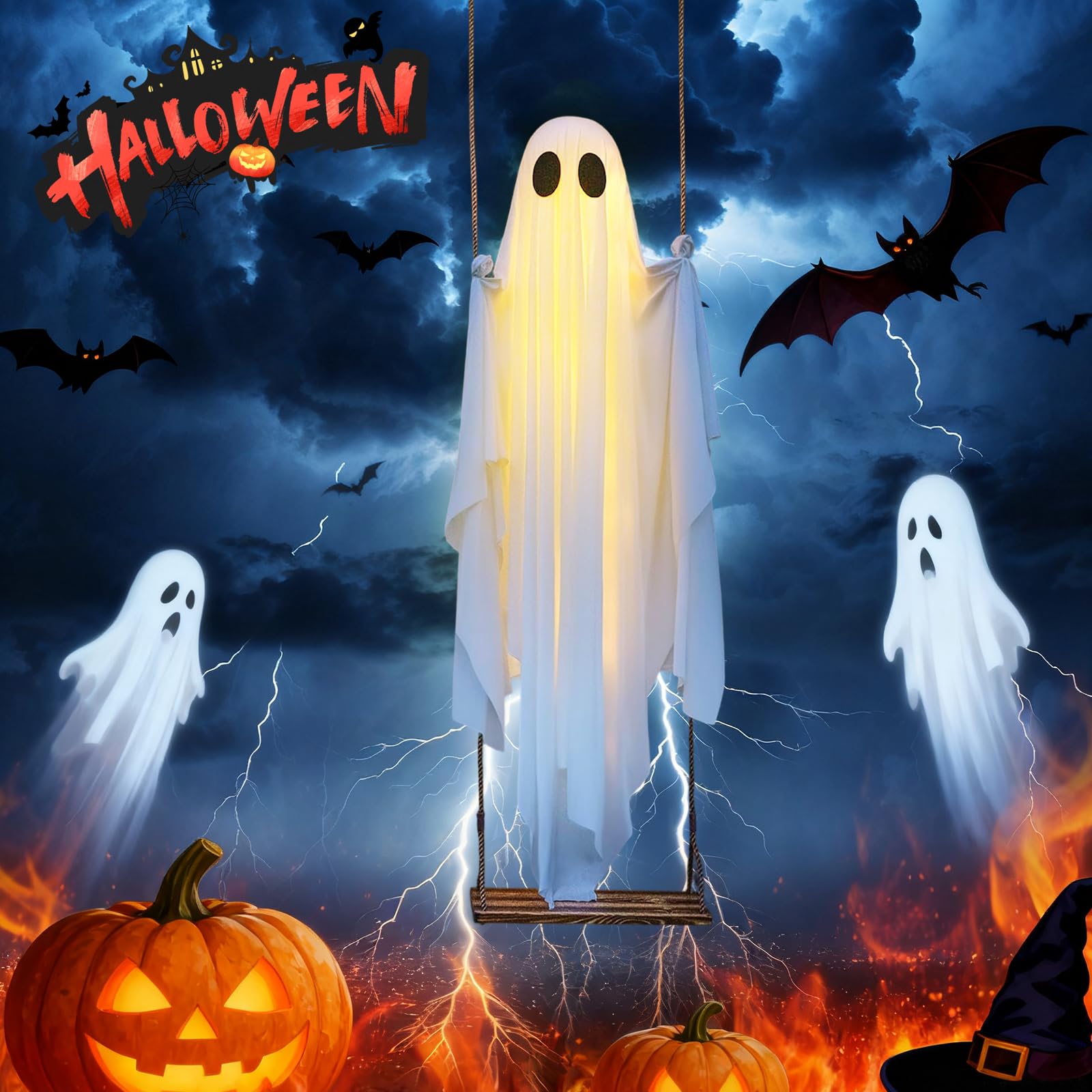 Decorazioni da appendere a forma di fantasma oscillante per Halloween, kit di decorazioni per albero spettrale con luci a corda, decorazione spaventosa per feste per esterni, giardino, cortile, prato