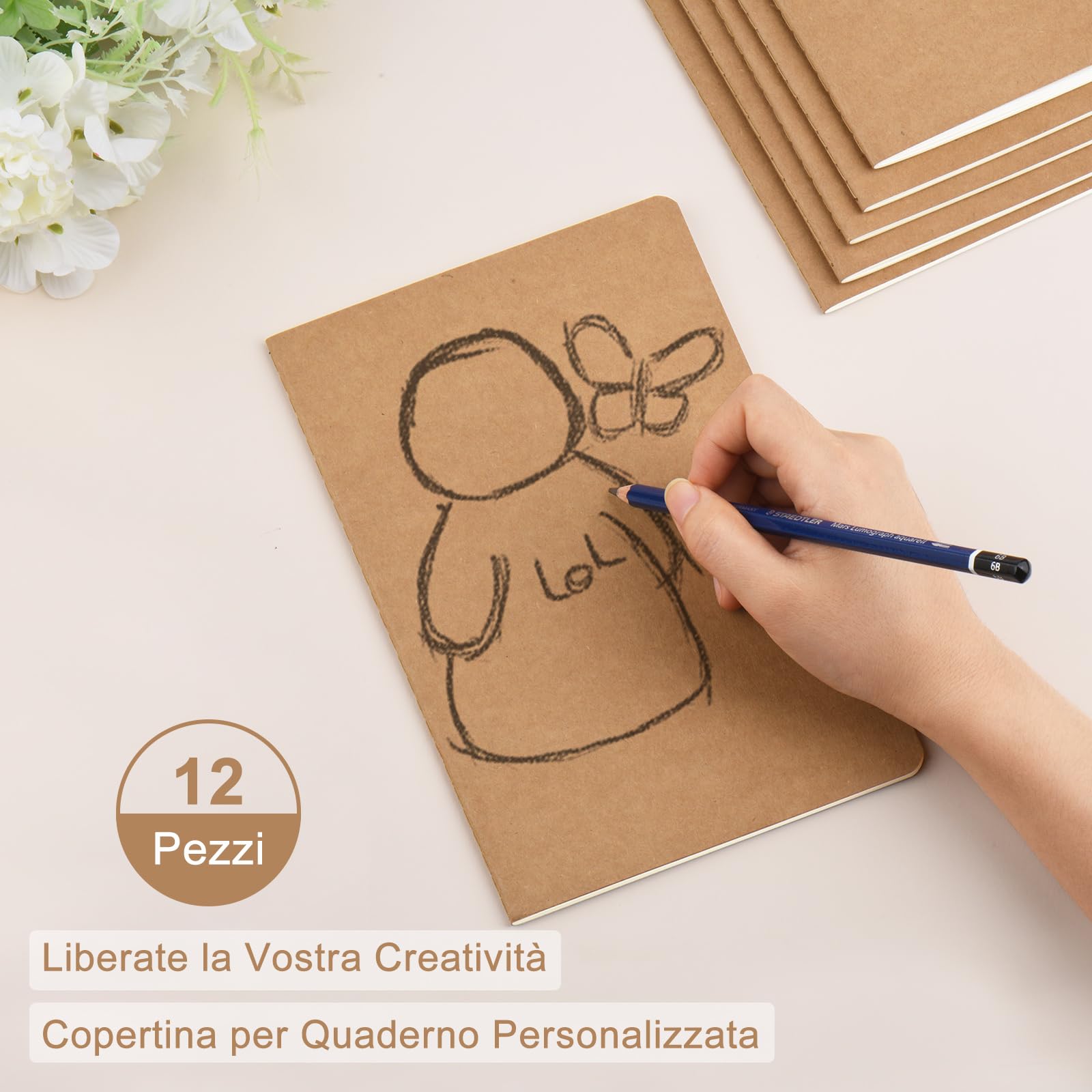 Quaderno A5 Bianco 12 Pezzi Copertina Kraft 30 Fogli 60 Pagine Taccuini Ufficio Scuola 20.6x13.7 CM