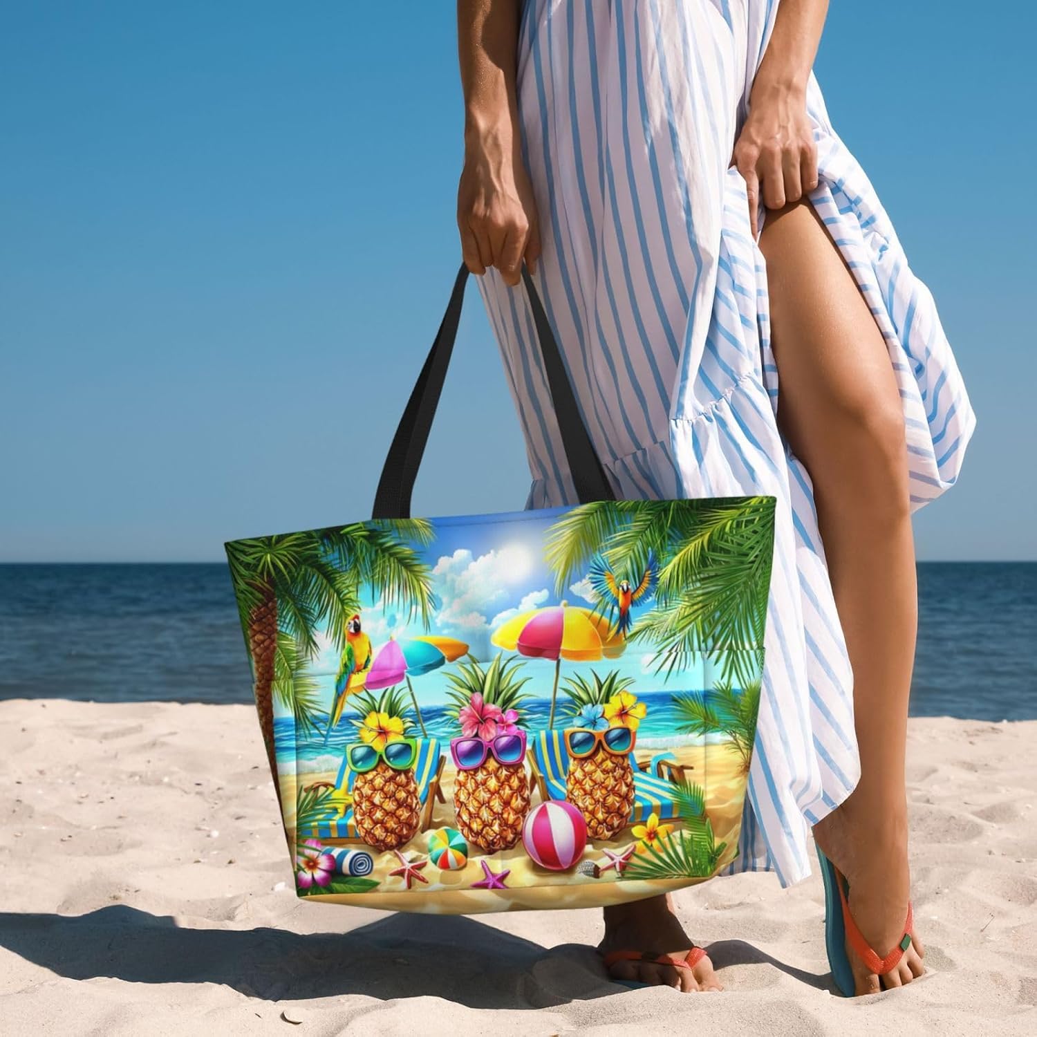 Beach Bags for Women Cute Print Waterproof Sandproof Women Tote Bag with Zipper Colorful Pool Bags for Gym Travel Vocation - Image 2