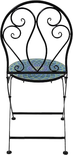 Miniatura 5 de Sunnydaze Mosaic Tile - Sillas plegables de bistró con marco de hierro, juego de 2, diseño plegable compacto, marco negro con respaldo de