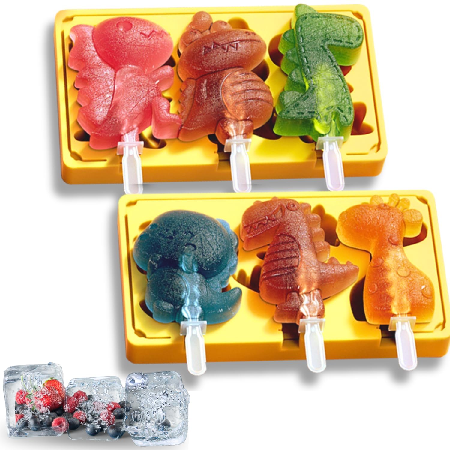 NALACAL 2 Pcs Stackable Dinosaur Popsicle Molds - Reusable Silicone Ice Pop Molds for Kids, Mess-Free Ice Cream Maker with Sticks, Dishwasher-Safe, BPA-Free