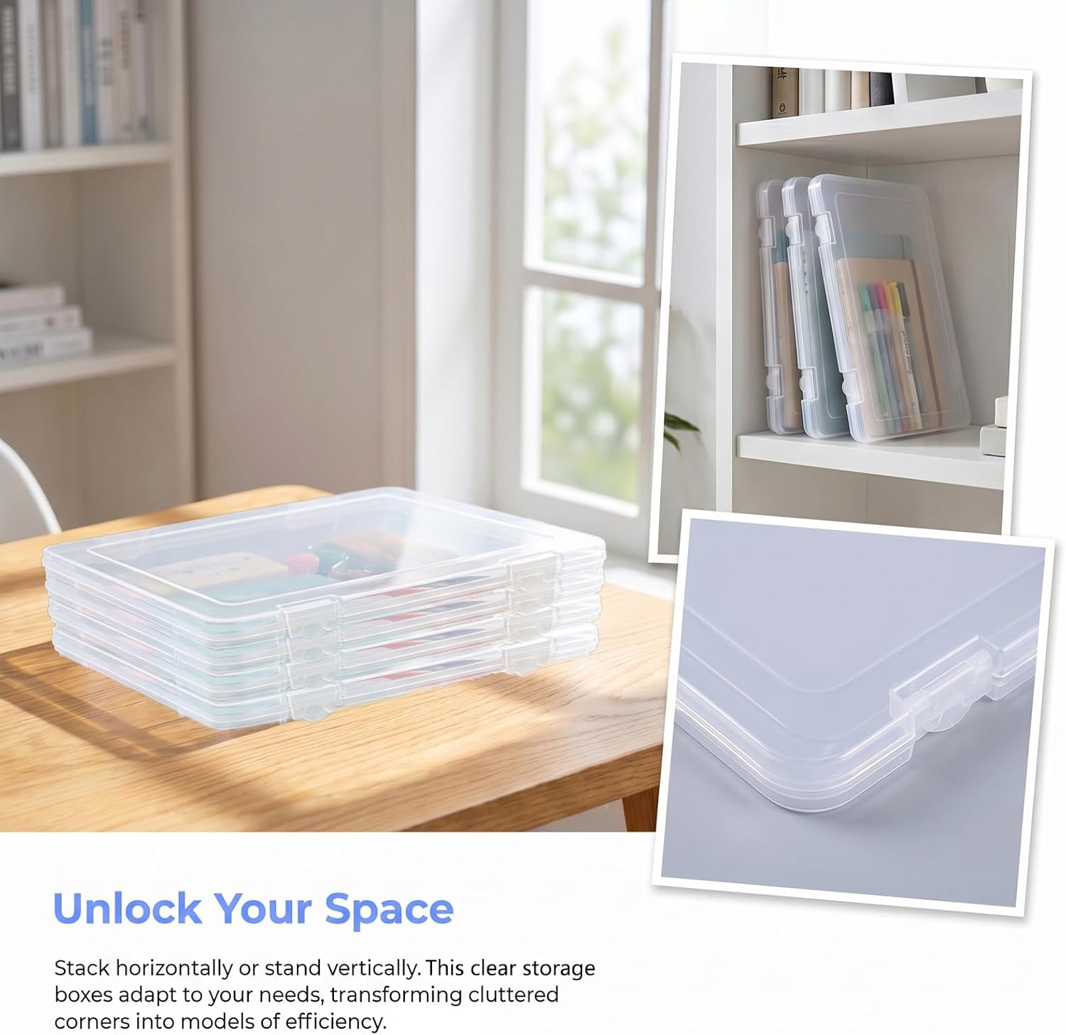 Marte Vanci Plastic Portable Project Case for A4 Paper, Clear Paper Storage Box with Latches, Magazine Protector for Photos, Documents,Scrapbook Paper Office Supply