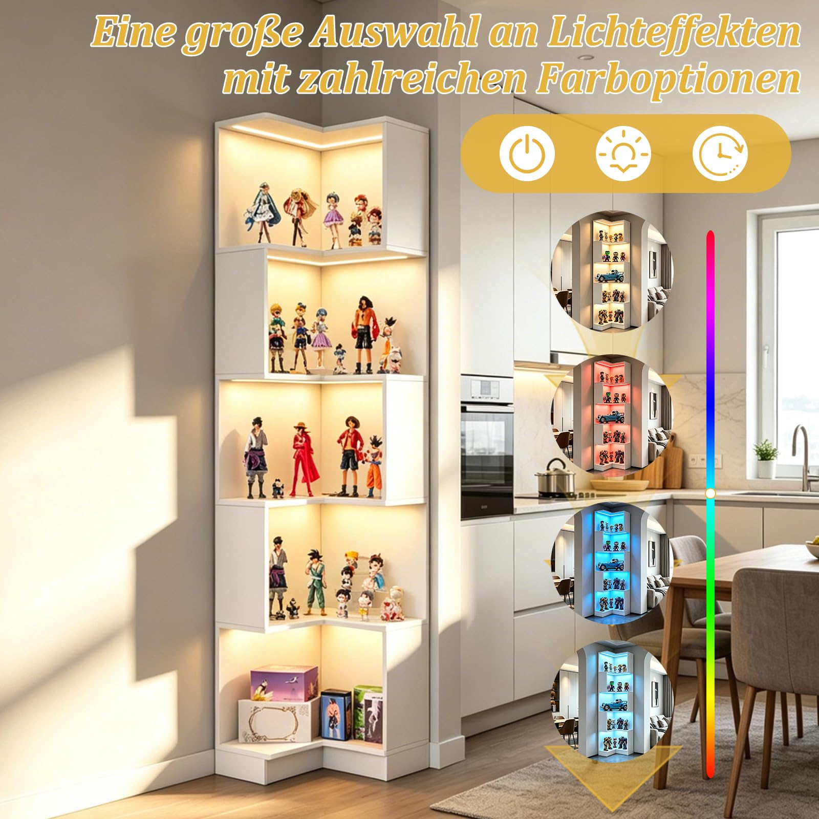 TWSOUL Estantería de Esquina con Luces LED RGB, Estante Esquinero Moderno de 5 Niveles (175cm Alto), Estantería Multifuncional de Madera en Forma de L para Decoración de Salón, Habitación, Blanco