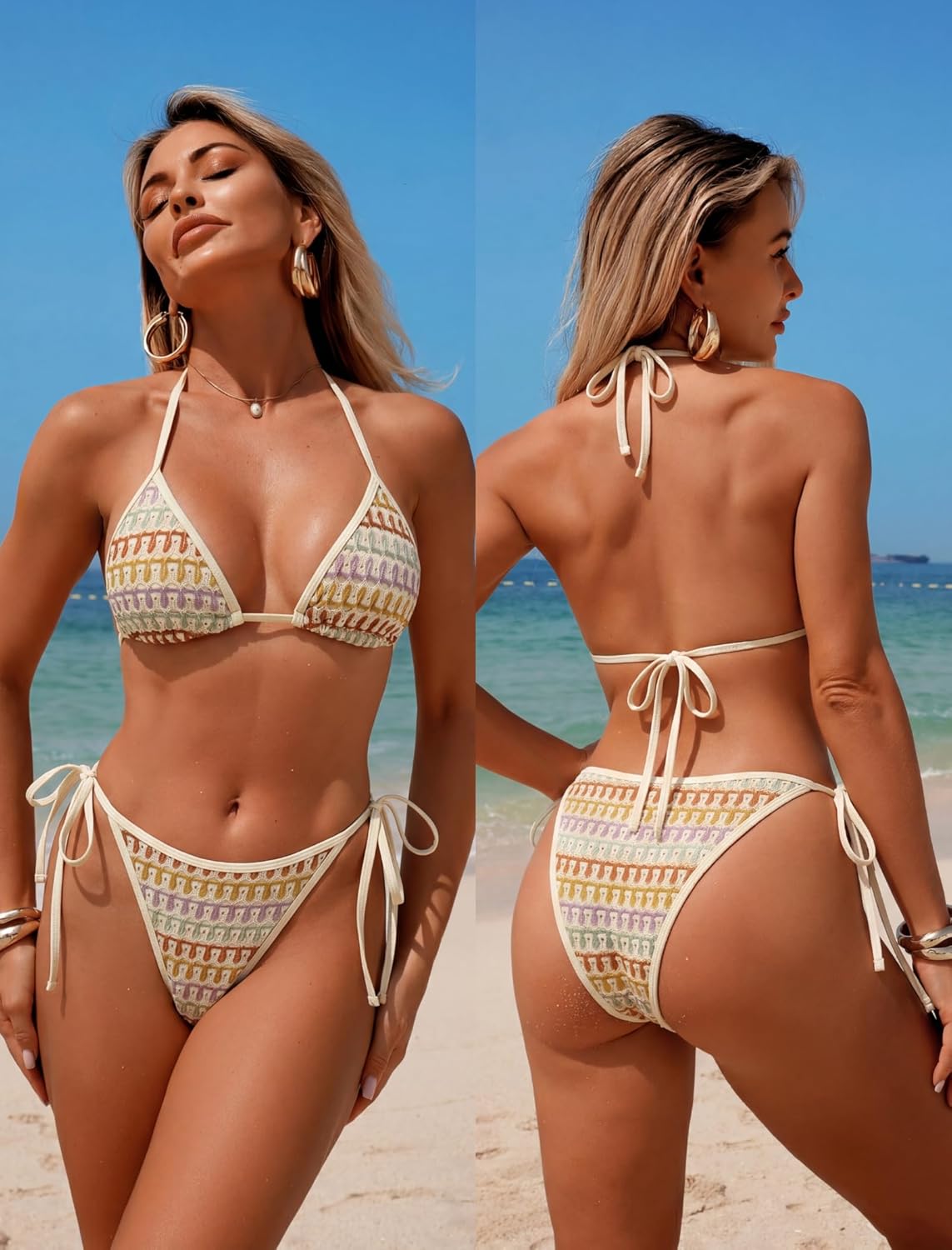 ZAFUL 3 Piece Swimsuits for Women Halter Triangle String Bikini Tie Side Bottoms with Sarong Coverups