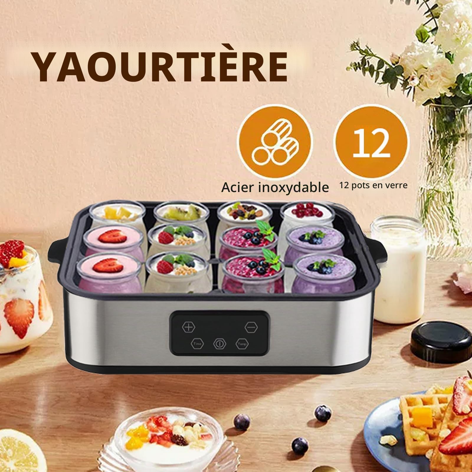 Yaourtière 12 pots en verre, Capacité 2200ml Machine à Yaourt Maison, Yaourtière Fromagère en Acier Inoxydable, Thermostat Réglable et Minuterie 48h - Pour des desserts maison sains