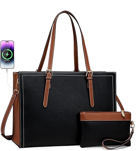LOVEVOOK Bolsa para laptop para mujer, 15.6 pulgadas, grande, ligera, de piel, con bolso de mano para negocios, trabajo, viajes, oficina, casual,