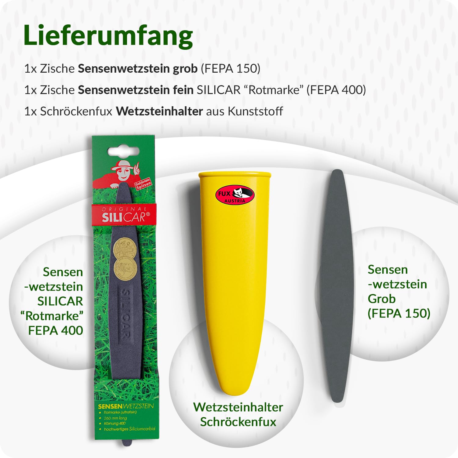 3er Set Wetzstein für Sensen – inkl. Sensenwetzsteine grob NK150 aus Norm alkorund, fein CD400 aus Siliciumcarbid und Schleifsteinhalter für Gürtel