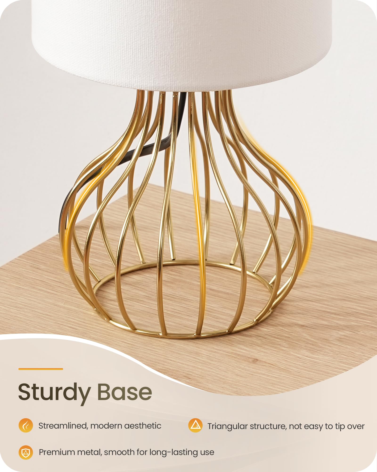 GOEBELSON Bedside Lamp, Gold Table Lamp with Metal Cage & White Linen Lampshade, Modern Bedside Lamps - Image 4