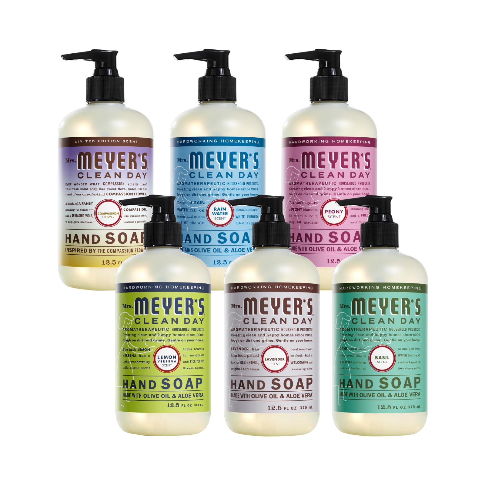Mrs. MEYER'S CLEAN DAY Liquid Hand Soap 6 Pack Variety, includes 1 Compassion Flower, 1 Rain Water, 1 Peony, 1 Lemon Verbena, 1 Lavender and 1 Basil