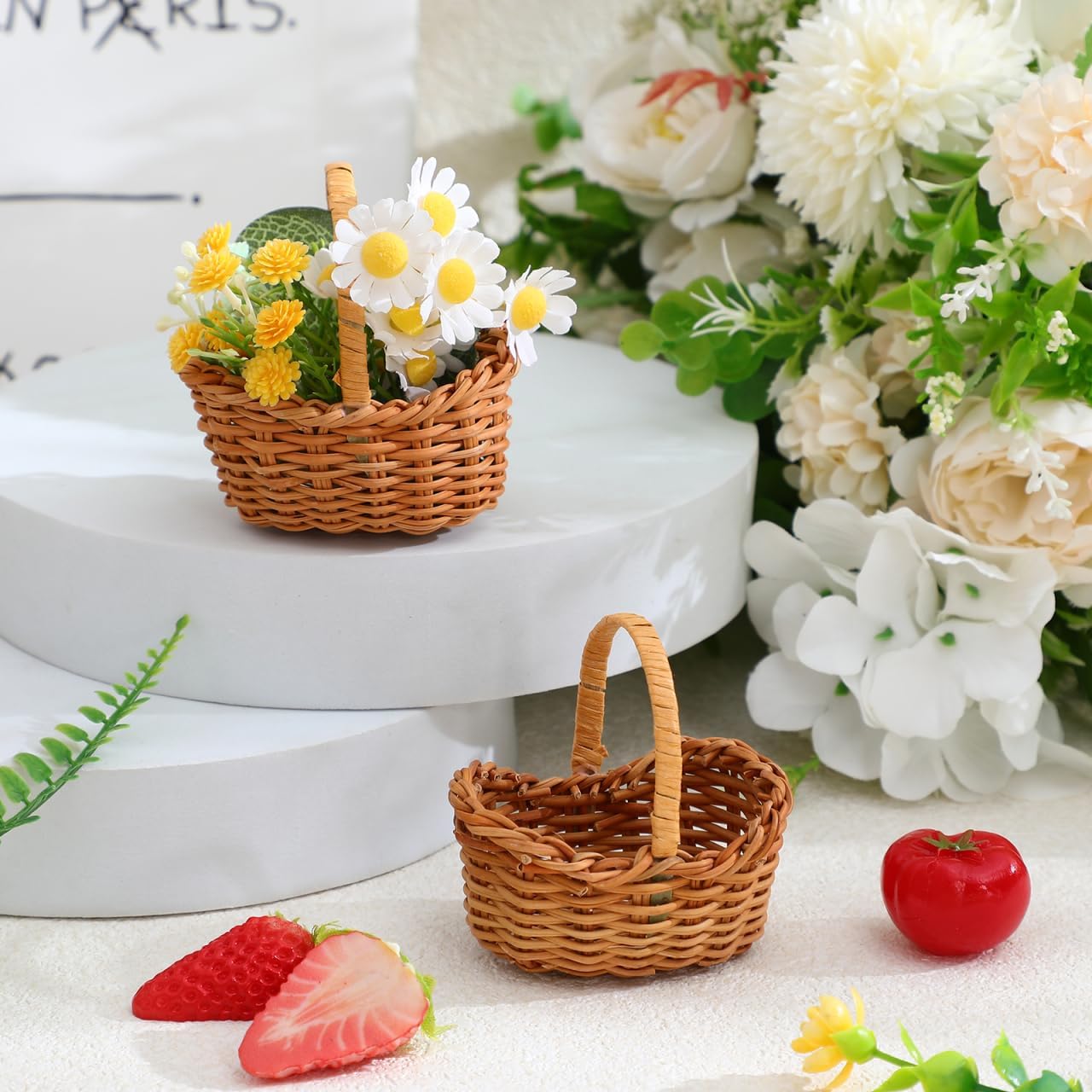 NUOBESTY 4Pcs Small Baskets with Handle, Tiny Woven Baskets Rustic Farmhouse Decor for Easter, Wedding Favors, Flower Girl Prop, DIY Crafts, Dollhouse & Party Decorations