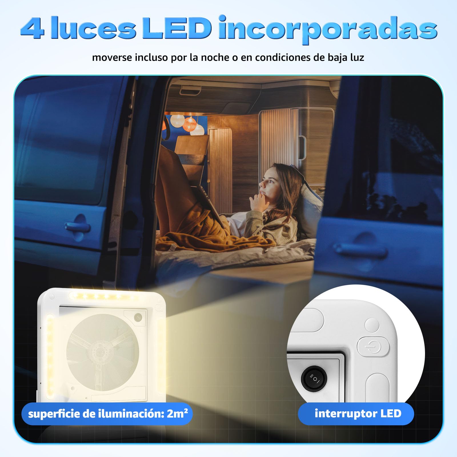 Claraboya Caravana 28 x 28 cm ,12V Claraboya Ventilador para Caravana con Luz LED , Claraboya Camper ,IP68 , Silencioso 65dB , Incluye Red Antimosquitos , para Autocaravanas , Motorhomes