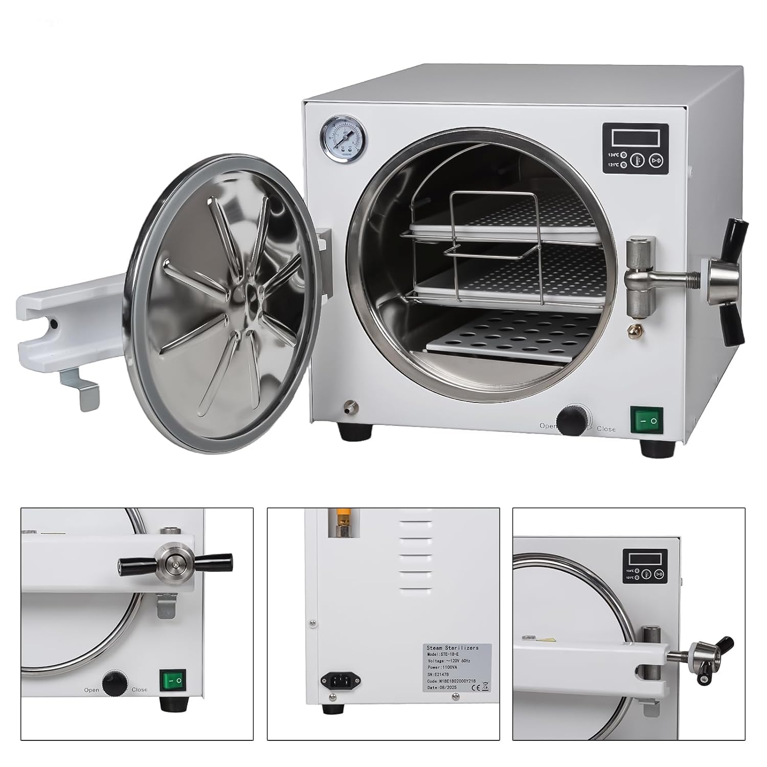 Máquina de autoclave de laboratorio de esterilizadores de autoclave de 18L, autoclave de esterilizador de 1100W para herramientas, esterilizador de vapor de alta temperatura de 110V con pantalla digit
