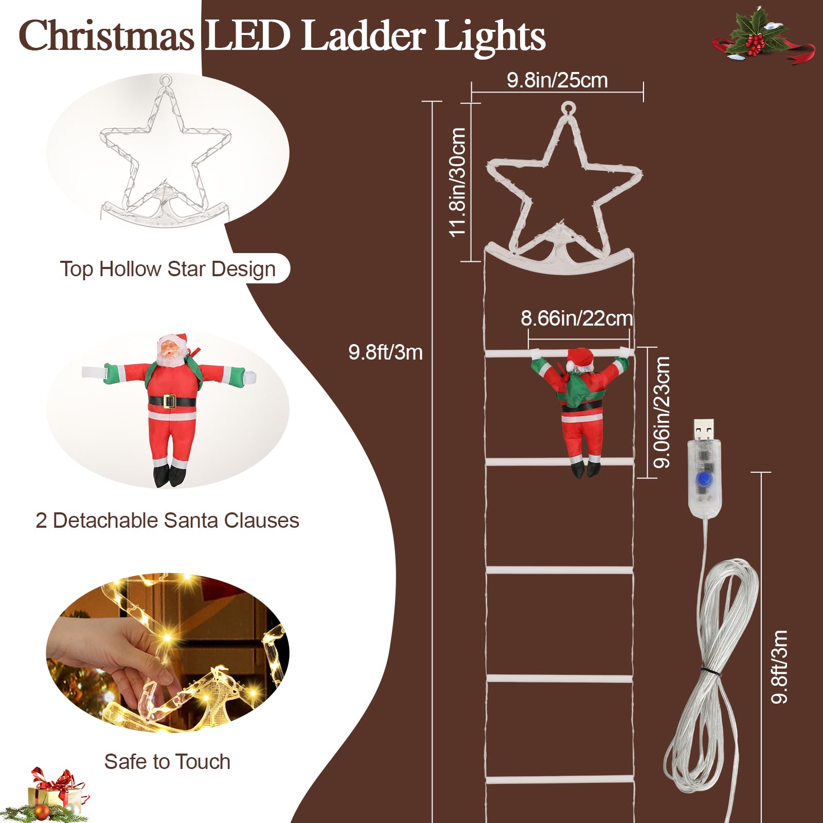 Lewondr Decoraciones Navideñas Luces LED en Escalera, 9,8ft Luz Decorativa Navideña con 2 Papá Noel, 8 Modos Control Remoto, 298 LED Luz para Árbol de Navidad Ventana Interior Exterior, Blanco Cálido