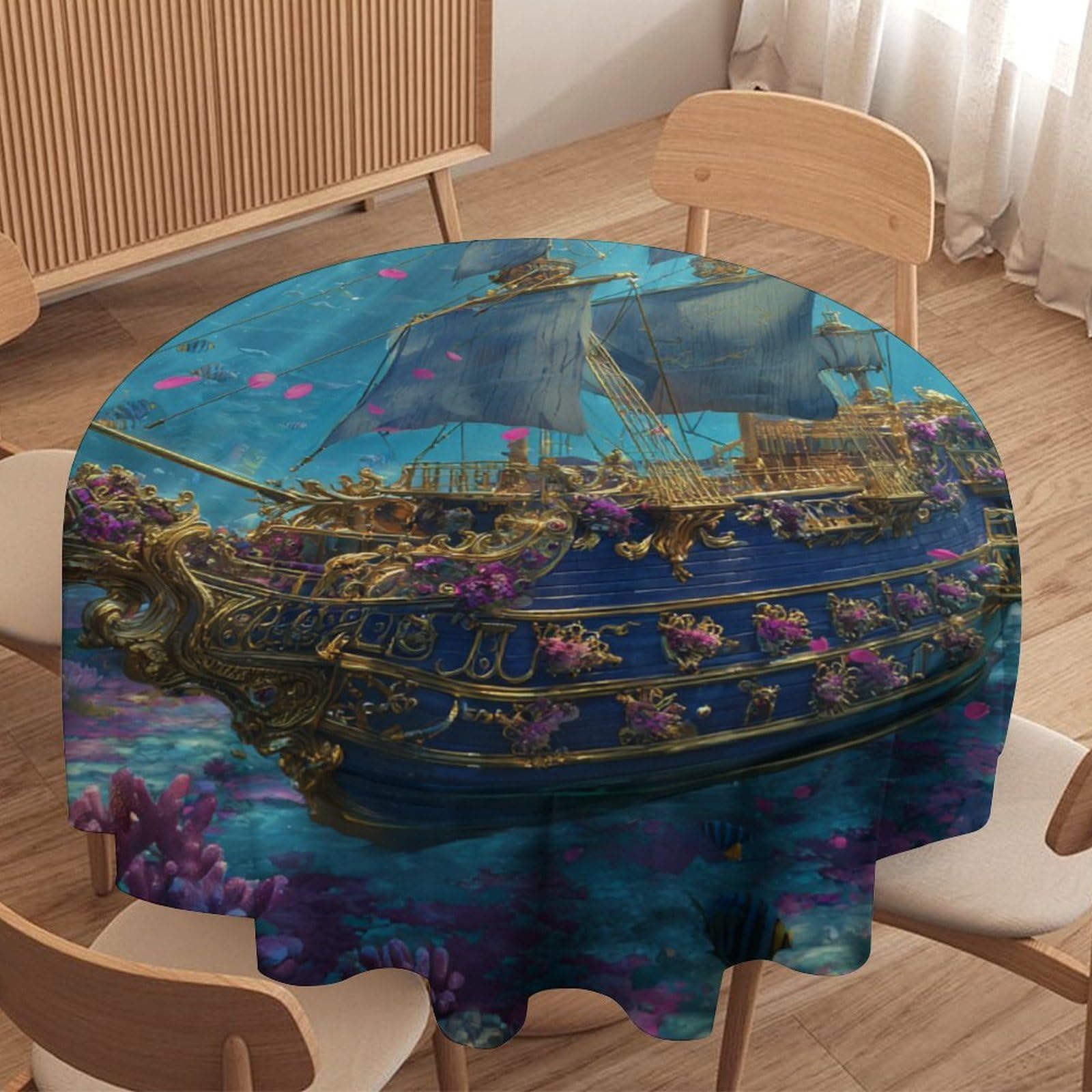 Luyysky Beautiful Nautical Pirate Ship Waterproof Round Tablecloth Romantic Watercolor Ocean Underwater Animal Fish Coral Washable Table Cover For Kitchen-177.8" Wx177.8 L Cm