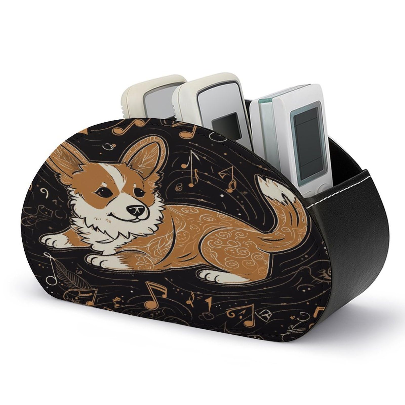 JTREHY Corgi Who Loves Music Remote Control Holder 5 Compartments PU Leather TV Tray Bedside Storage Box Storage Organizer for