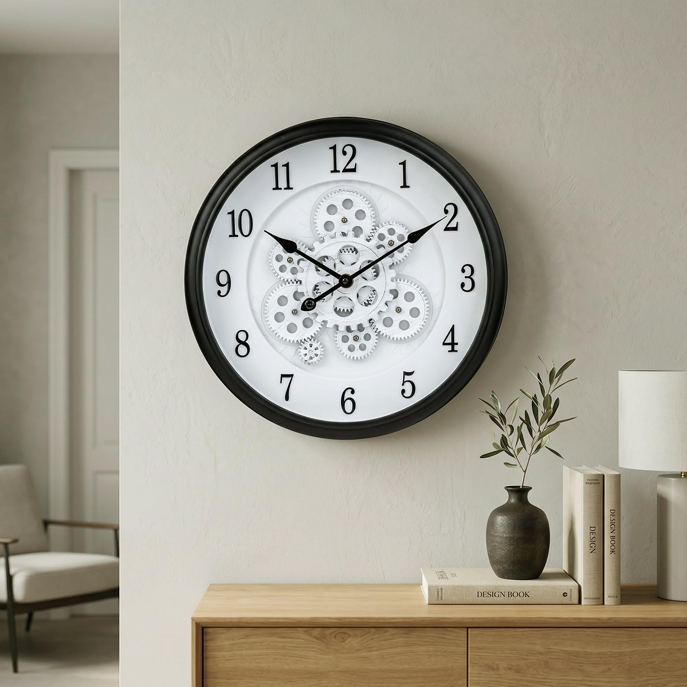 levandeo Zegar ścienny Ø 40 cm, wzór koła zębatego, czarno-biały, ruchome koła zębate retro steampunk dekoracja