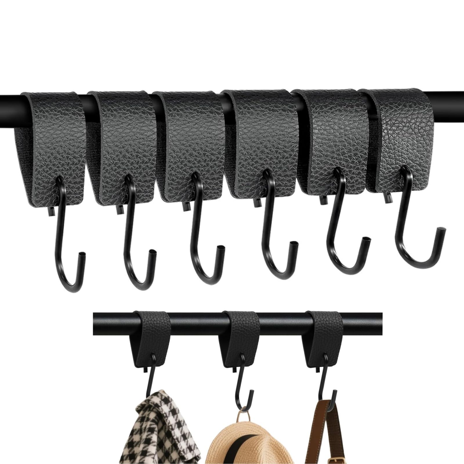 CTYUEYUN S Haken mit Lederschlaufe, Schwarz, 12.5 x 3 cm, 6 Stück | Campinghaken, Für Kleiderstange, Für Küche und Badezimmer, Einfach zu Benutzen