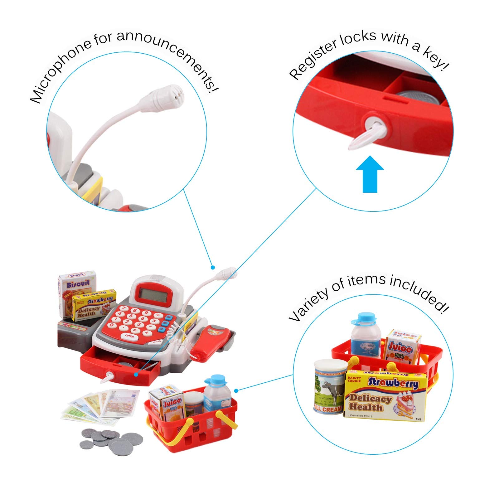 Vokodo Toy Cash Register with Microphone Calculator Grocery Items
