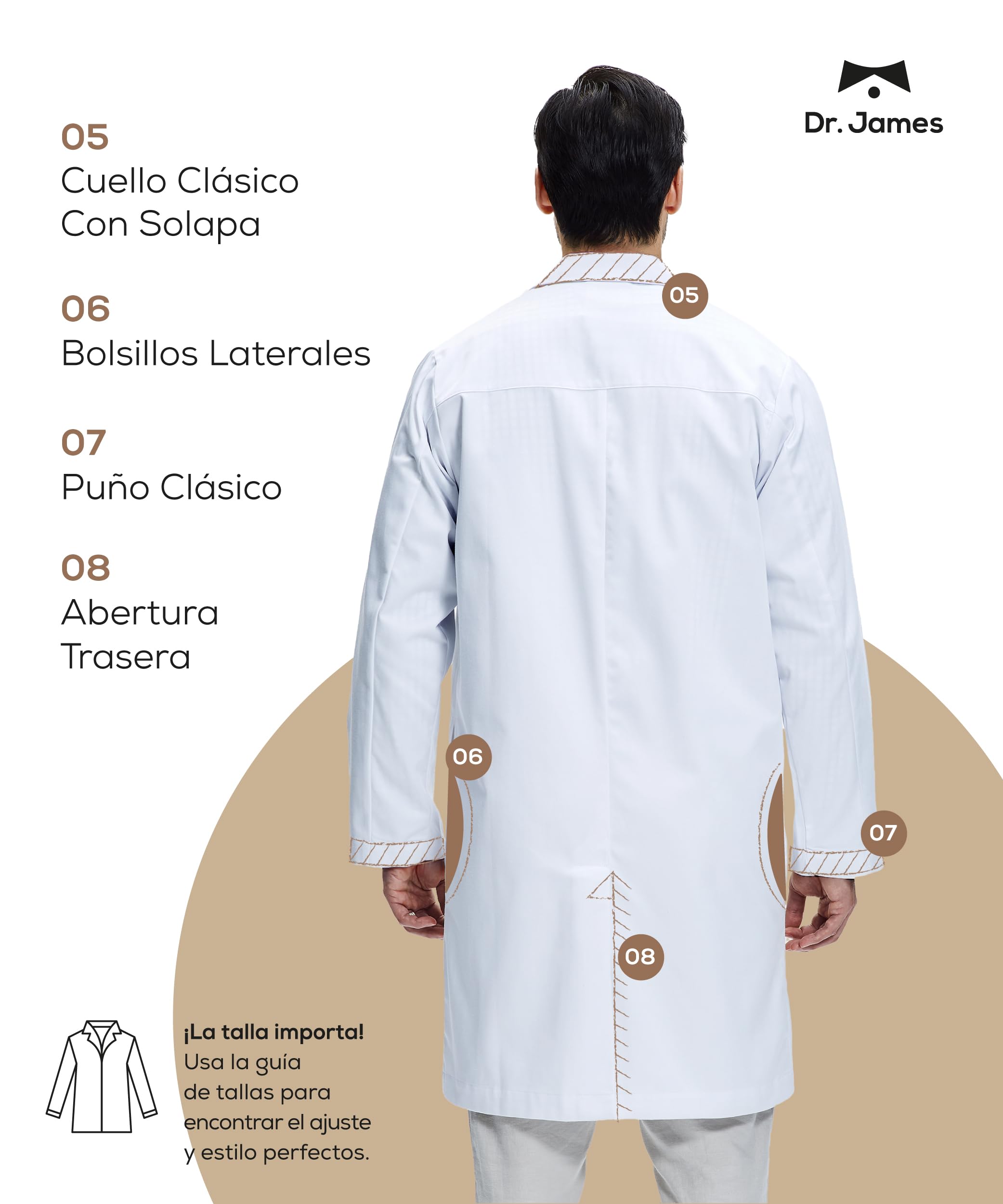 Dr. James Bata de laboratorio Premium 100% Algodón Unisex para Hombres y Mujeres, con bolsillos para teléfono y tableta, ajuste clásico, cierre a presión