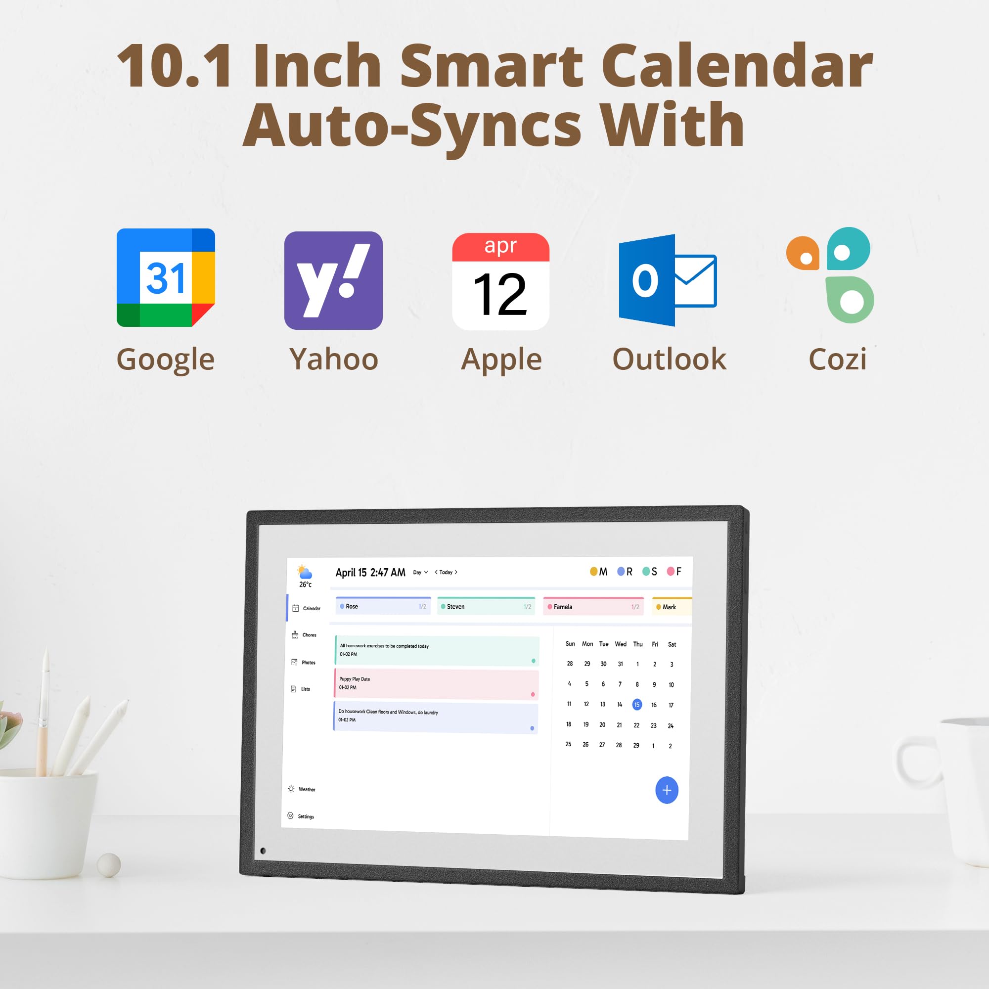 Dragon Touch Calendario, calendario digitale 2025 da 10,1 pollici, agenda da parete per la famiglia, touchscreen interattivo Full HD 1080p, grafico intelligente delle faccende e organizzazione