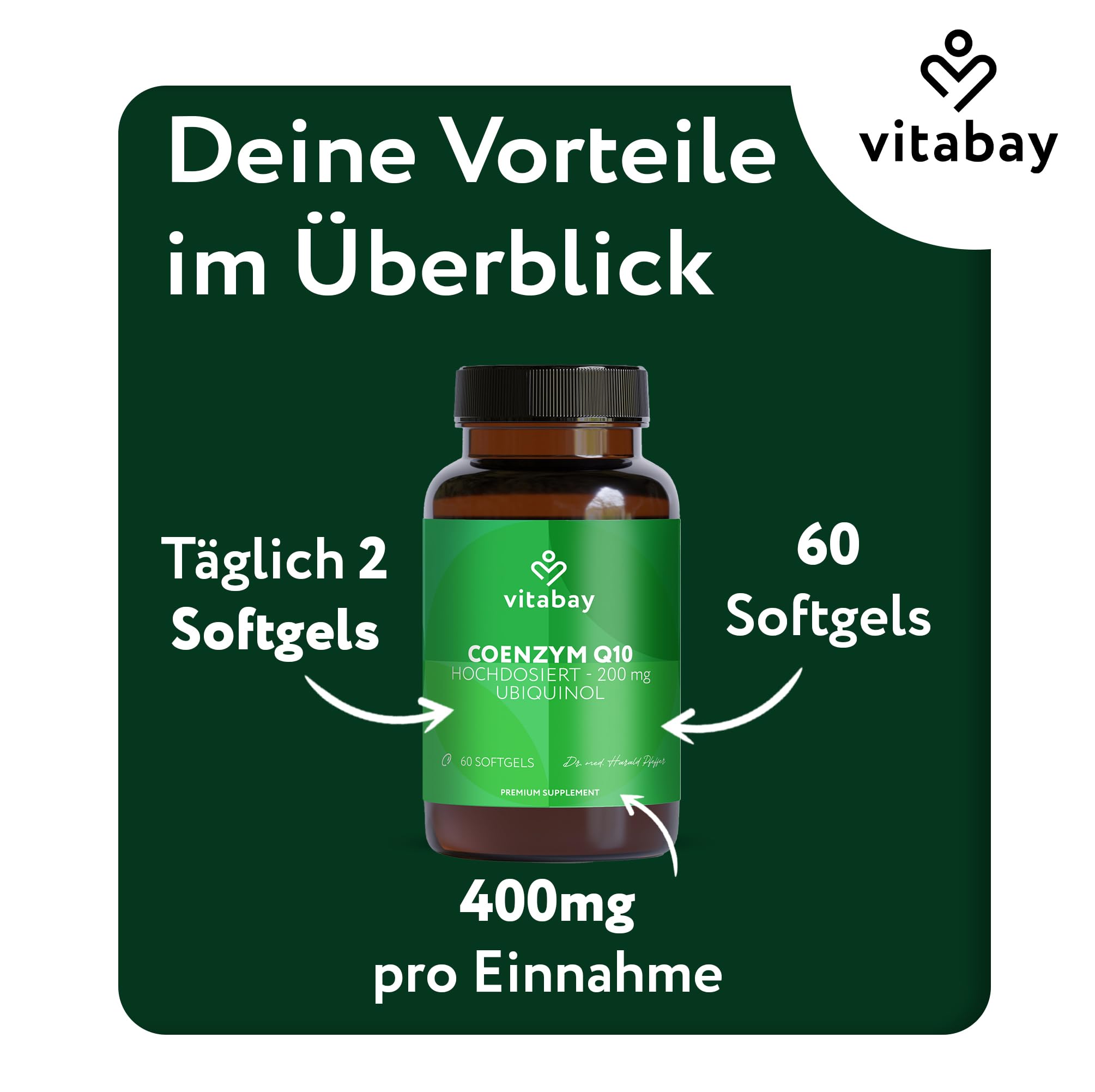 Vitabay Coenzym Q10 Ubiquinol 200 mg – 60 Kapseln – hochdosiert – natürliches Q10 in aktiver Form (Ubiquinol) aus pflanzlicher Fermentation gewonnen – Laborgeprüft in Deutschland