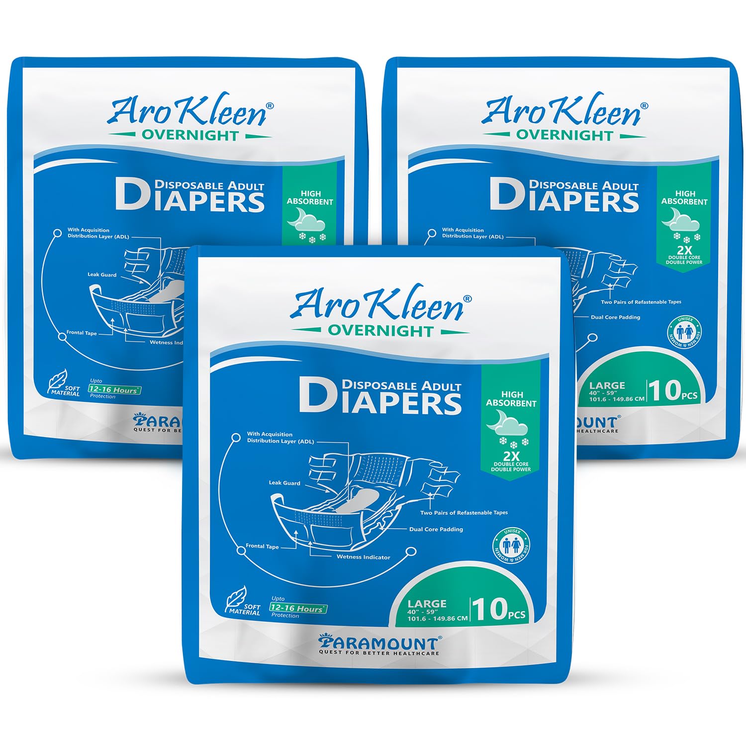 AroKleen 2X Dual Core Overnight 30 Count Adult Diapers Tape Style | Large (L) | Waist Size 101-150 Cm (40"- 59") | 16 hr Absorption Protection | Unisex | Leak Proof | Wetness Indicator- Pack of 3-image-26
