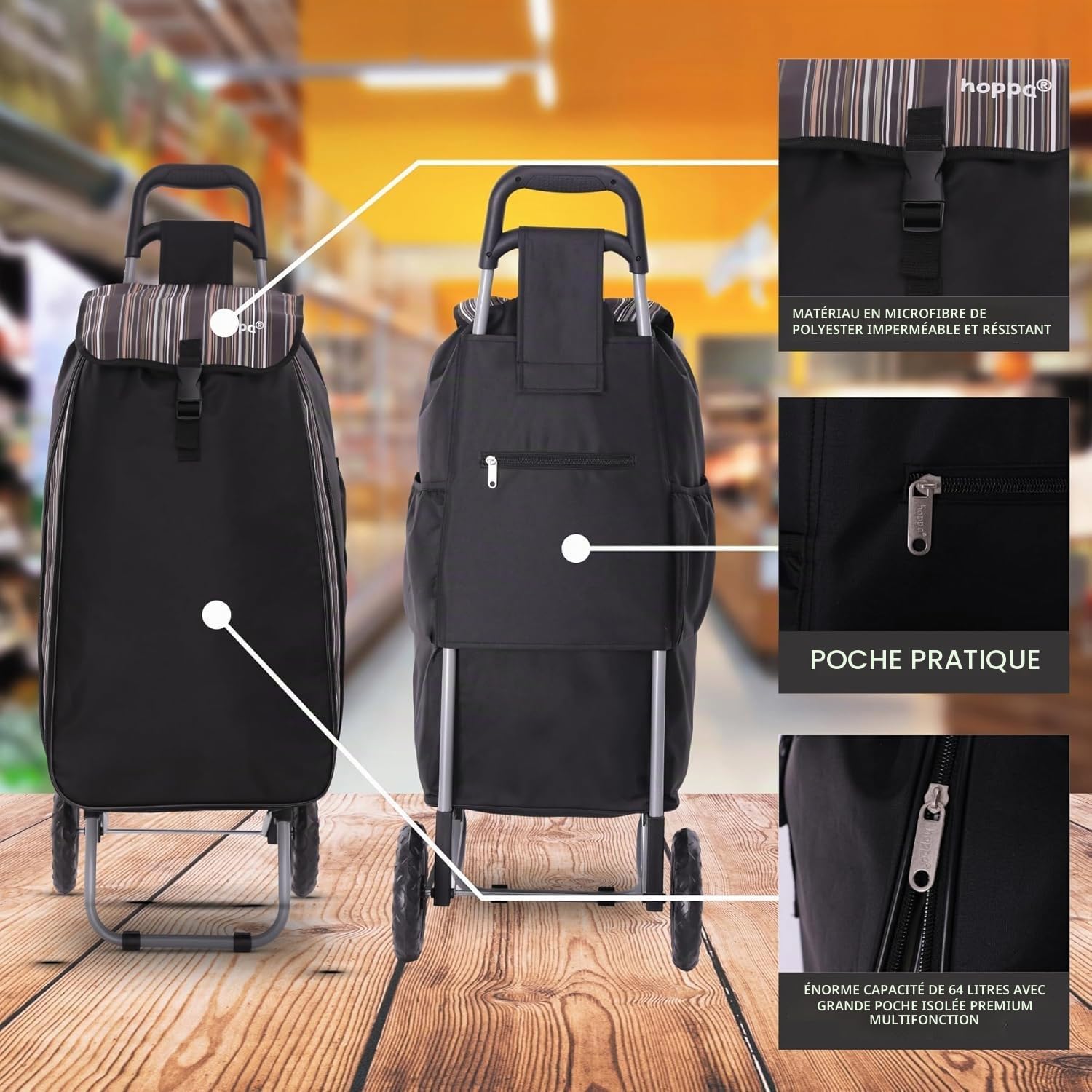 Hoppa 57-64L Chariot à roulettes Extensible avec 2 Roues à clic on/Off - Chariot de Courses Pliable et résistant - Poussette de marché légère et imperméable avec Plusieurs Poches - Noir