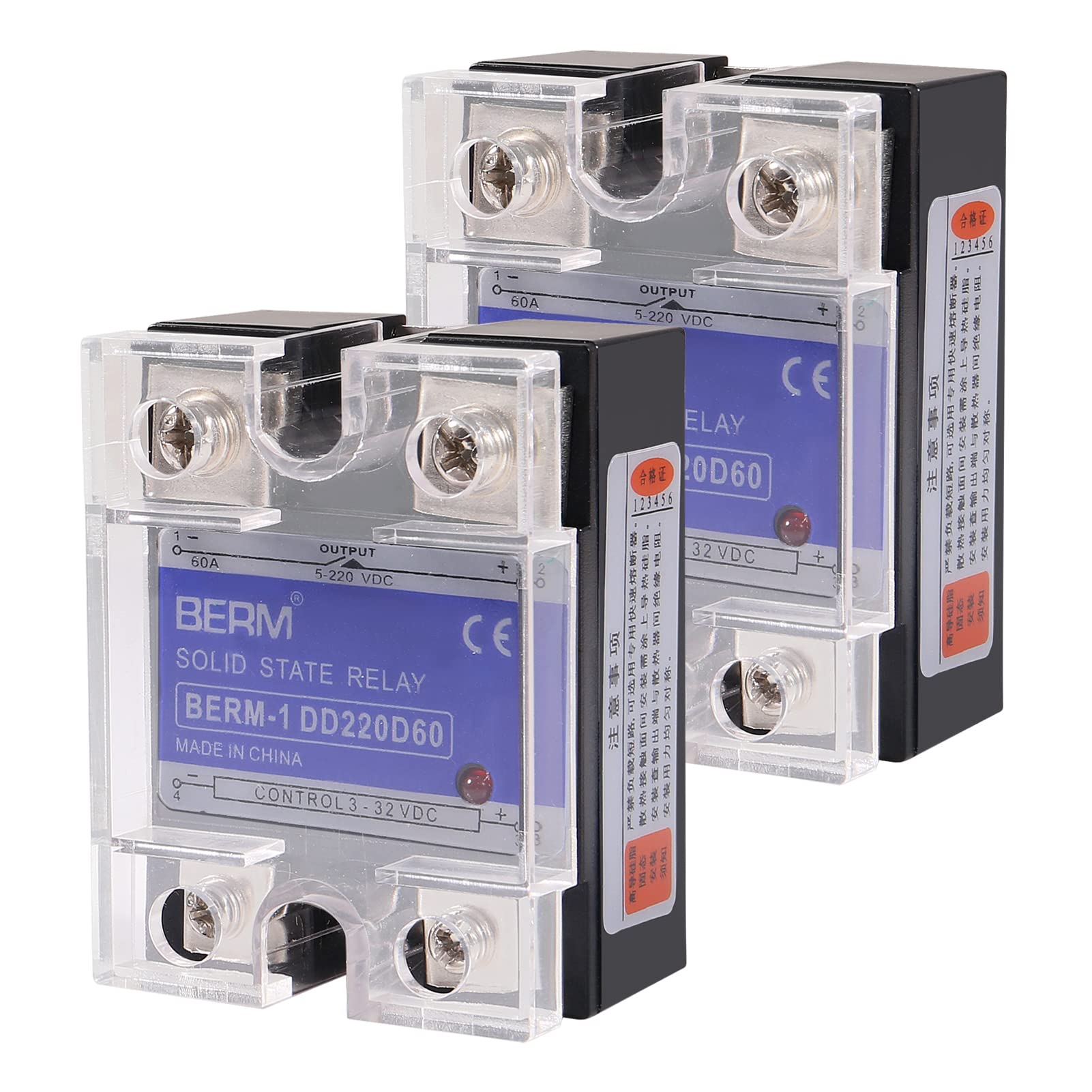 2PCS Relè a stato solido SSR-60DD DC a DC Ingresso 3-32VDC per uscita 5-240VDC 60A monofase con coperchio in plastica