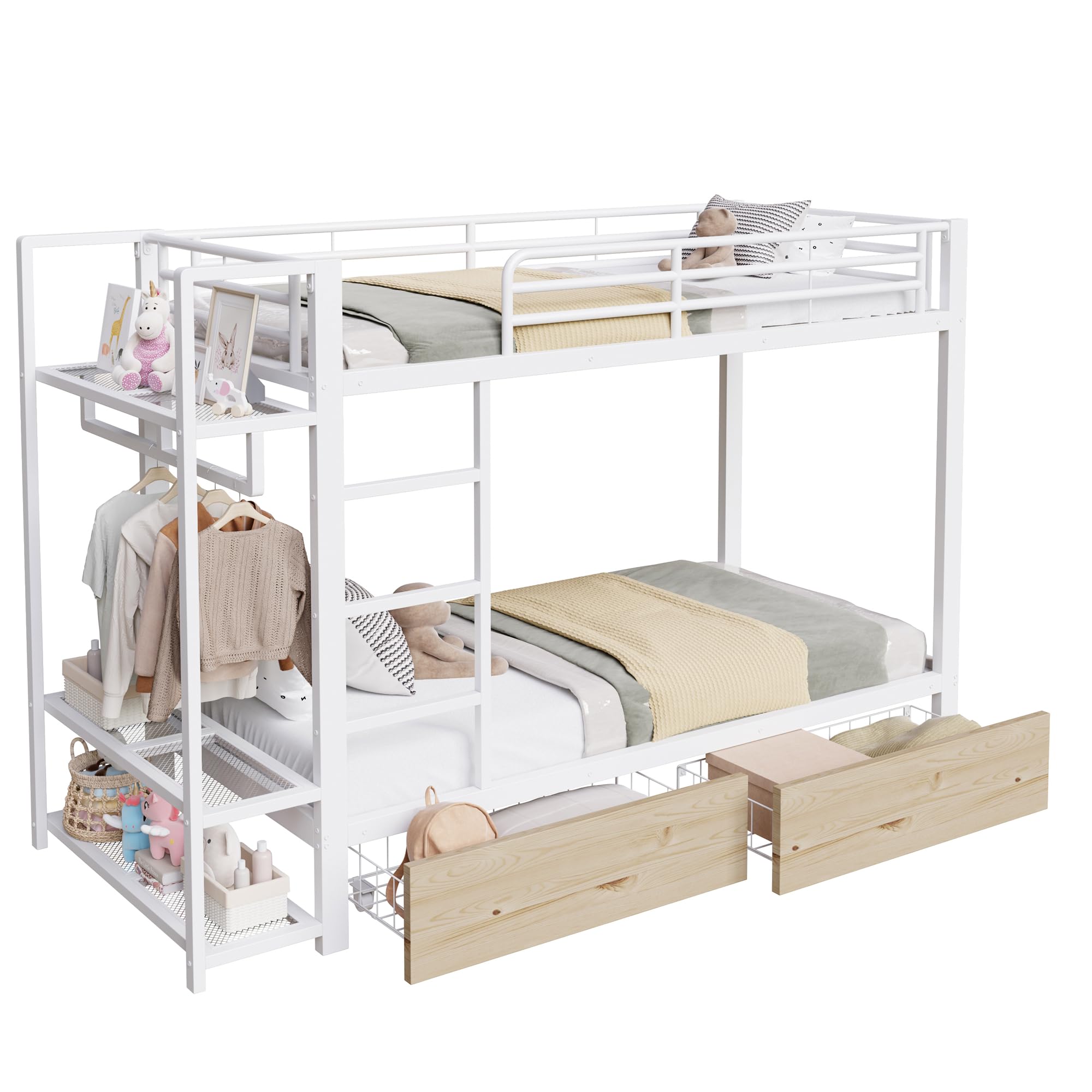 Letto a castello, 90 x 200 cm, telaio in ferro, 2 cassetti, più ripiani, con striscia luminosa a LED, con asta appendiabiti, materasso non incluso, bianco