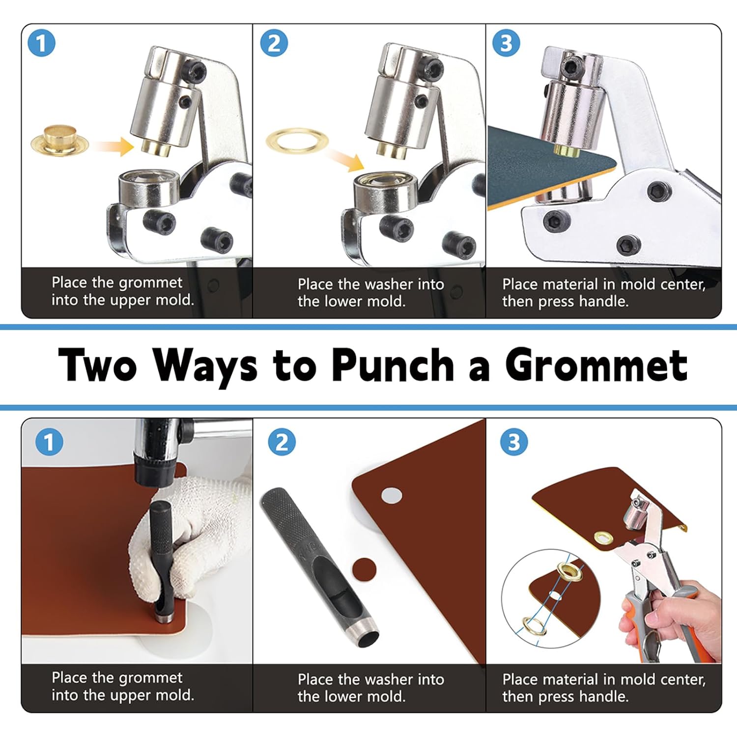 Heavy Duty Grommet Tool Kit - 600 Sets 3/8" Grommets, Manual Press Eyelets Tool with Hole Punch for Tarp Fabric Leather Banner Canvas Tents Vinyl Crafts (3/8" 600Sets - Silver & Gold)