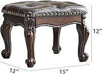 Vista 3 de LEILISI Taburete pequeño otomano de cuero marrón, reposapiés tapizado tallado vintage, taburete de madera de goma para sofá (negro-marrón)