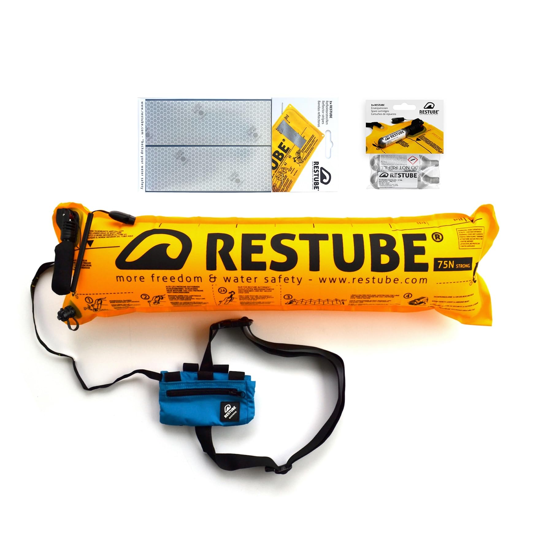 RESTUBE Extreme Starter Package Bouée de Sécurité Gonflable Conditions Difficiles - Flotteur pour Nage en Eau Libre, 2 Cartouches de CO2 & Bande Réfléchissante