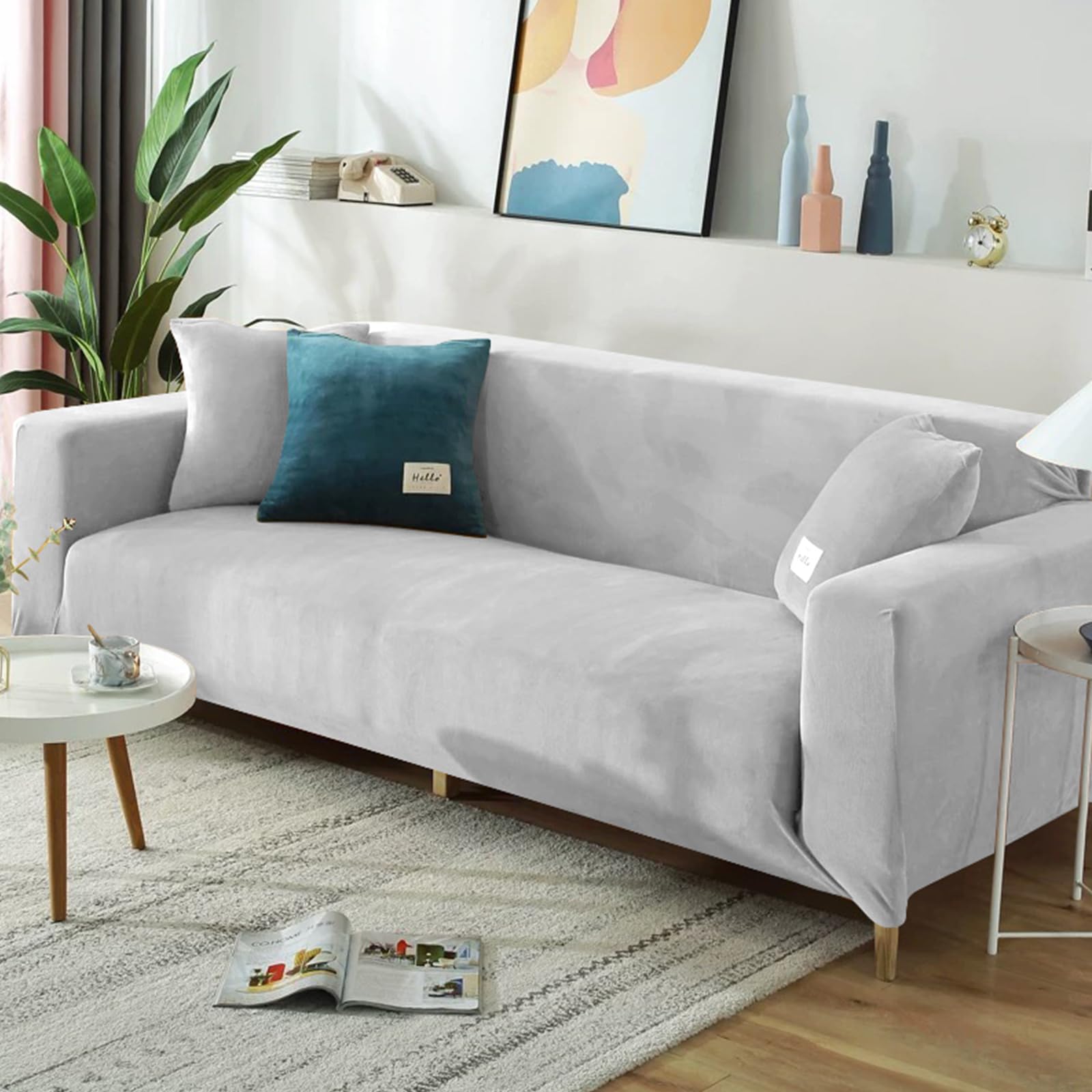 FANSU High Stretch Sofa Covers 1/2/3/4 Seater, Turquoise Plush Soft Elastic Non Slip Sofa Slipcover Washable Universal Couch Sofa Cover for Kids Pets Living (2-Seater,Light grey)