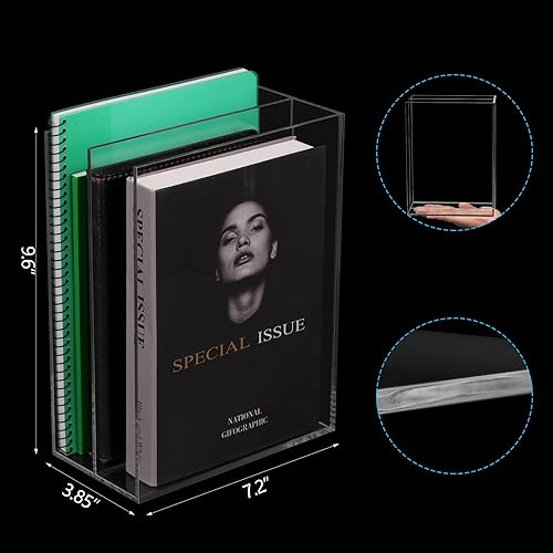 Miniatura 4 de Archivador de acrílico para revistas, 2 secciones, organizador de escritorio transparente para oficina y hogar, soporte vertical clasificador de