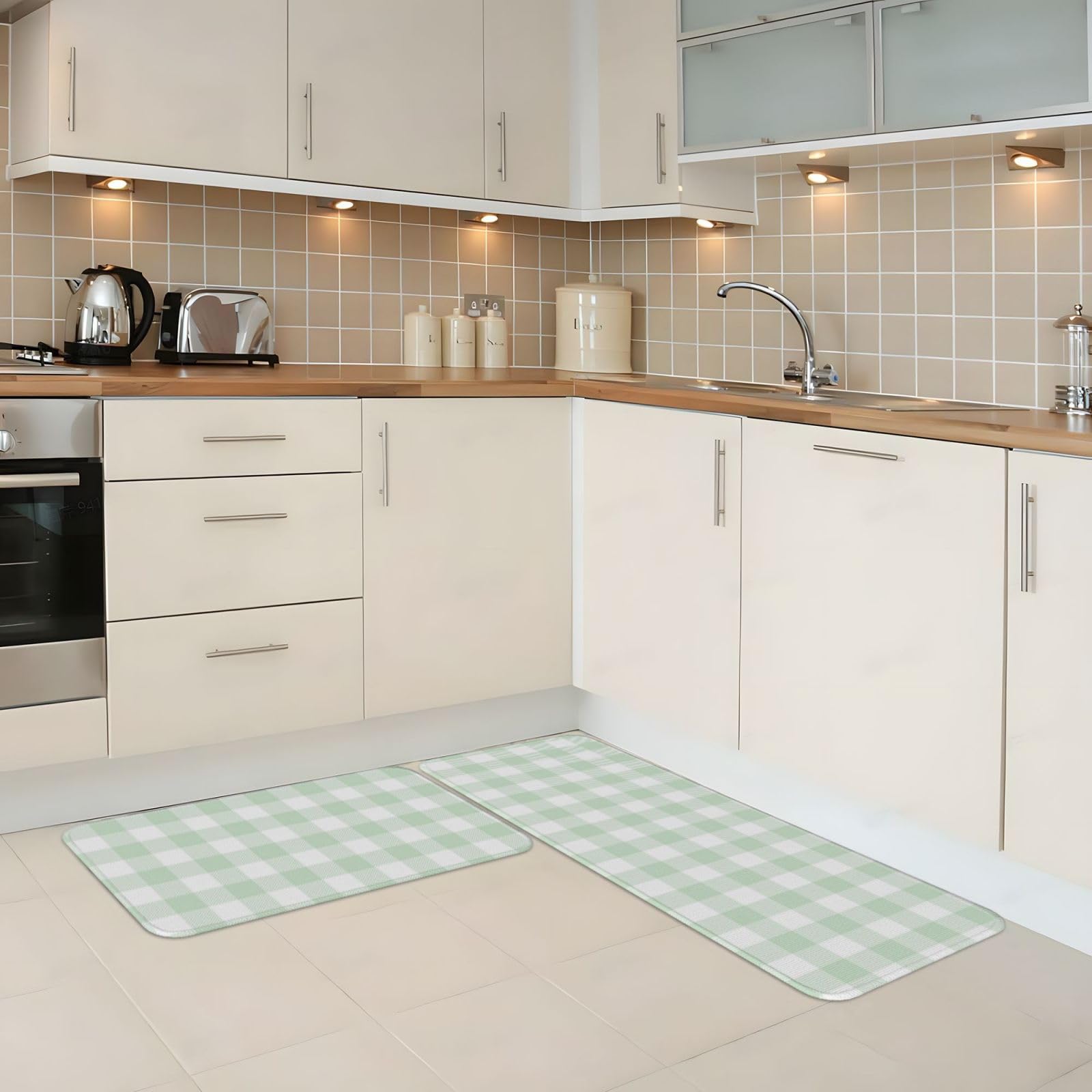 GVYGVY Antifatigue Kitchen Mats for Floor 2 Piece - Light Green White Checkered Print Kitchen Rugs Washable, Non Slip Runner Rug Standing Mat for Office/Bathroom/Laundry/Home Decor and Accessories