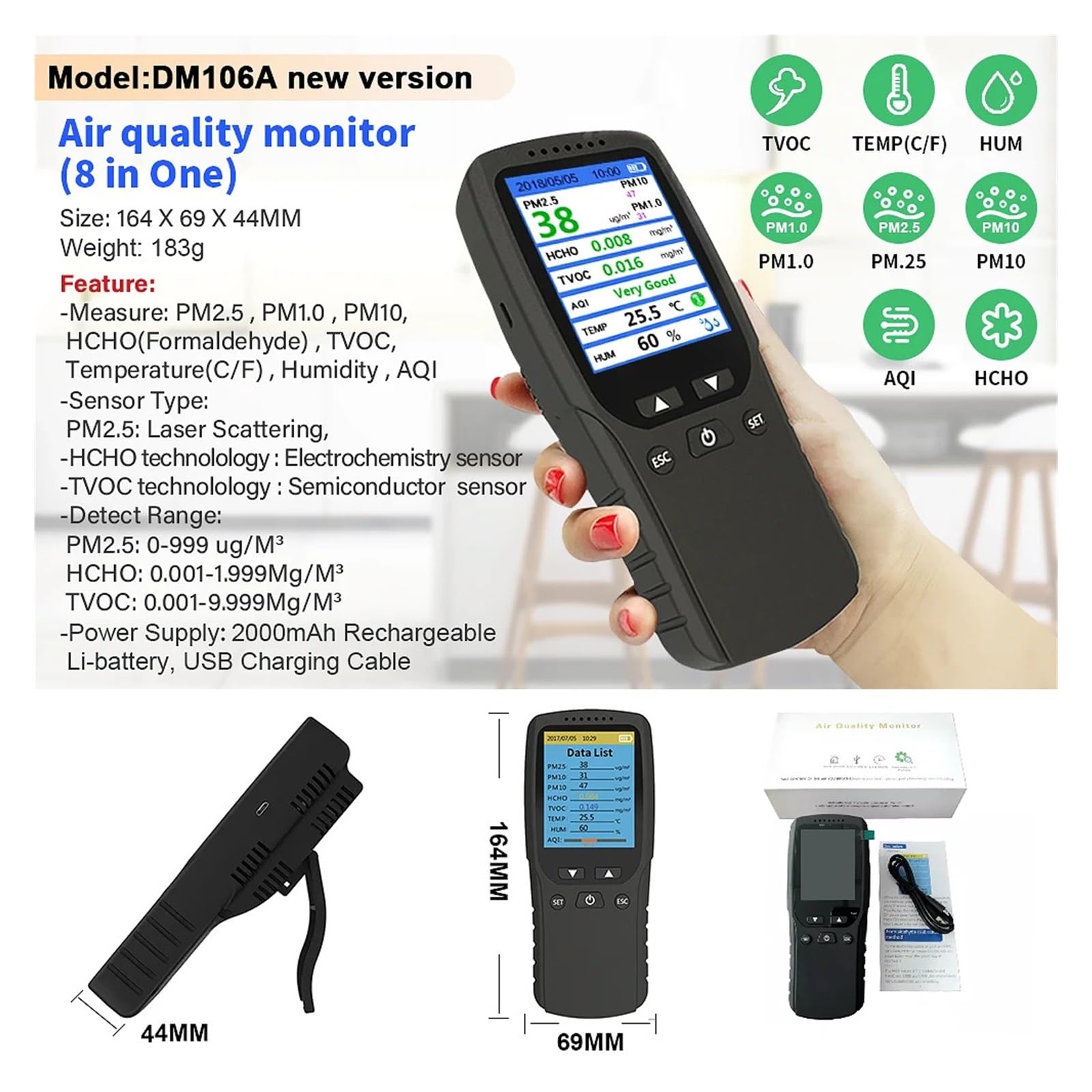 Détecteur de gaz, Détecteur de qualité l'air Portable Haute précision, testeur capteur portatif, Suit Les concentrations poussière PM2,5