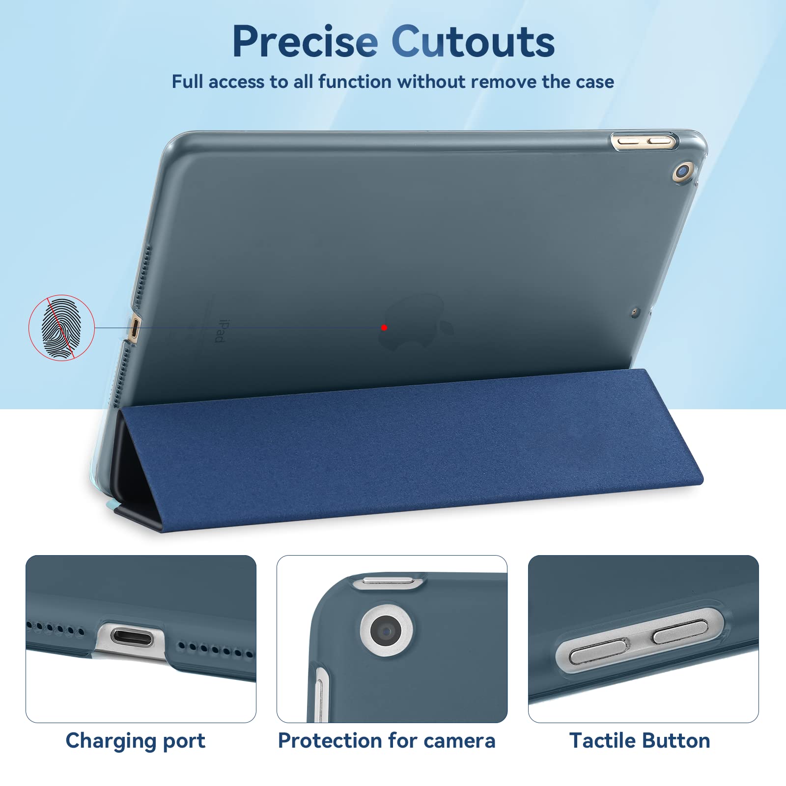 4UBonLife Custodia per iPad 6a /5a Generazione 9,7 Pollici 2018/2017, Cover Protettiva Rigida, sottile e leggera con Traslucida Posteriore Opaca Cover per iPad 5/6, Auto Sveglia/Sonno, Blu Scuro