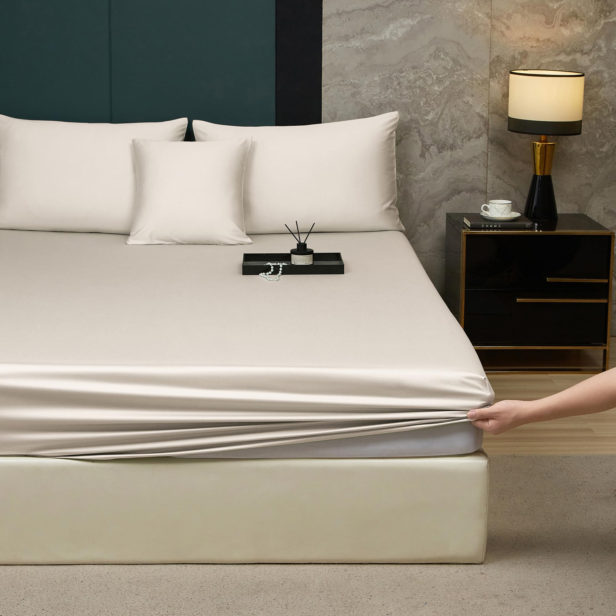 Spannbettlaken 180x200 Baumwolle Beige Spannbetttuch Khaki Creme Lyocell Seide 100% Baumwolle Betttuch 180 x 200 Doppelbett Uni Leintuch für Hohe Matratze Hoher Steg bis 25-30 cm