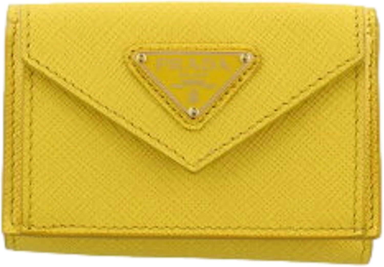 Prada Womens Tri-Fold Saffiano Leather Wallet Sole Yellow Triangle Logo