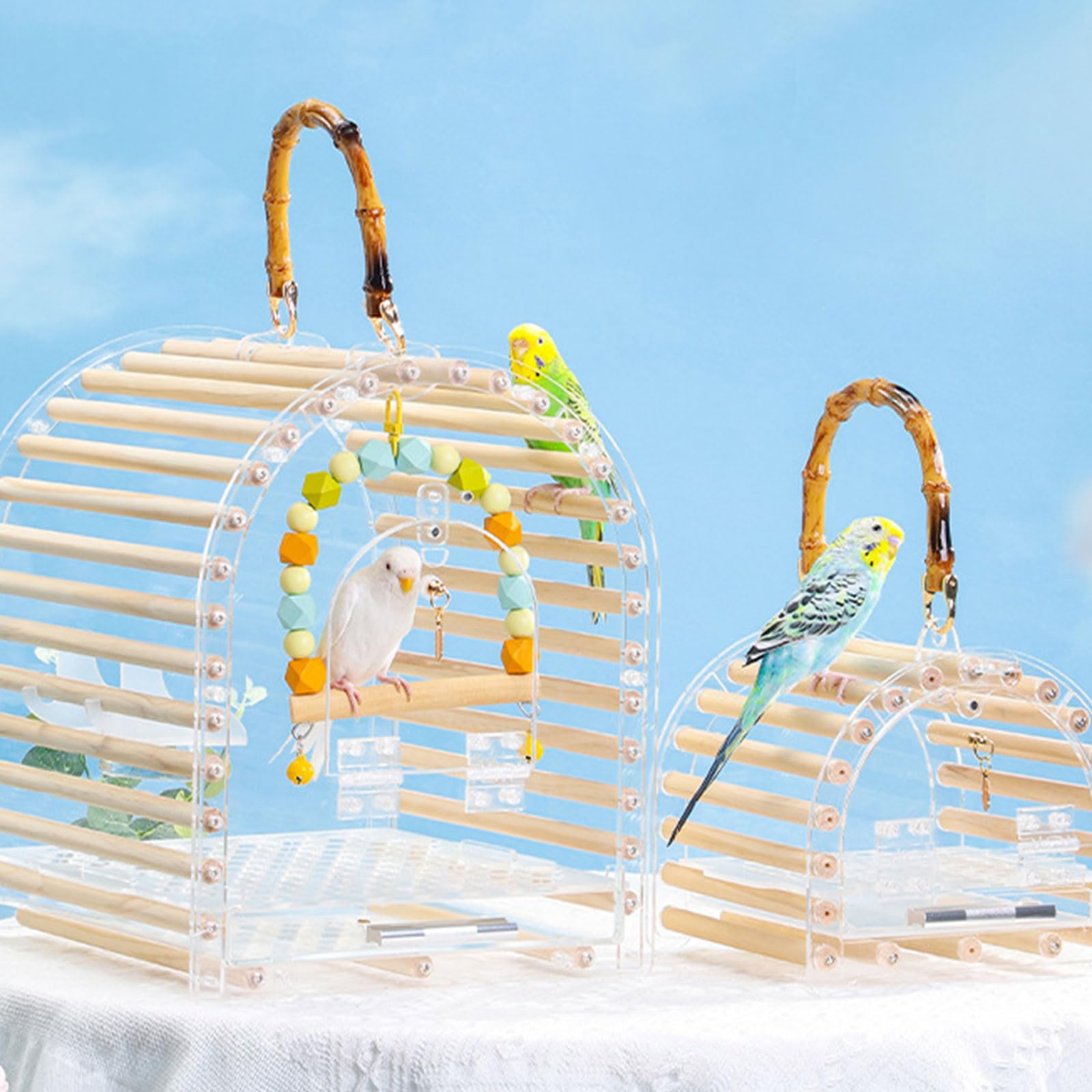 Jaula de viaje para loros de acrílico transparente para pájaros de agapornis, nido portátil con escalera y bandeja para pájaros de viaje al aire libre con asa