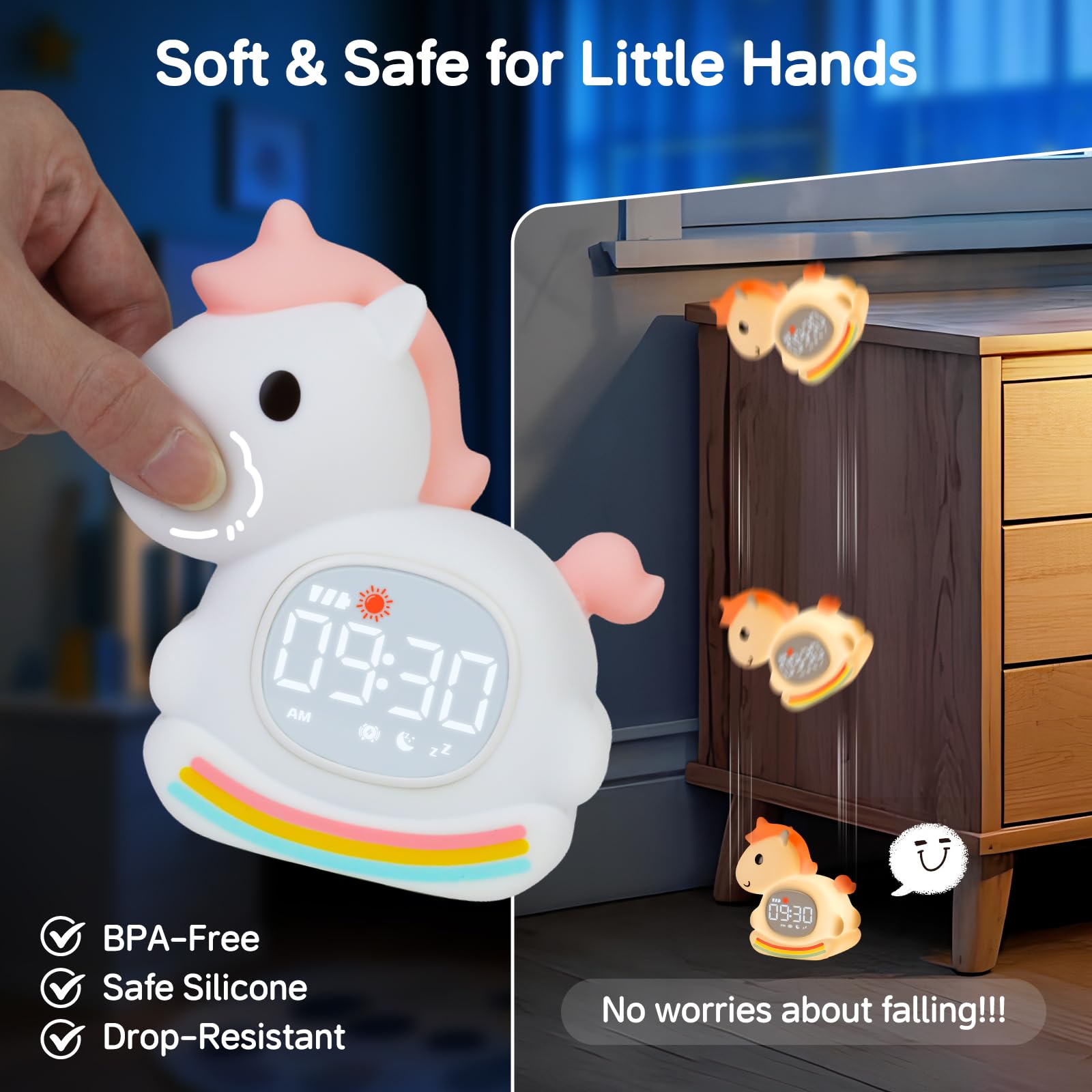 Yiliaw Rosa Pony Kinderwecker mit Nachtlicht – Schlaftrainer & Aufwachuhr, wiederaufladbare Silikonlampe für Schlafzimmer, Perfekter Schlafbegleiter für Jungen & Mädchen