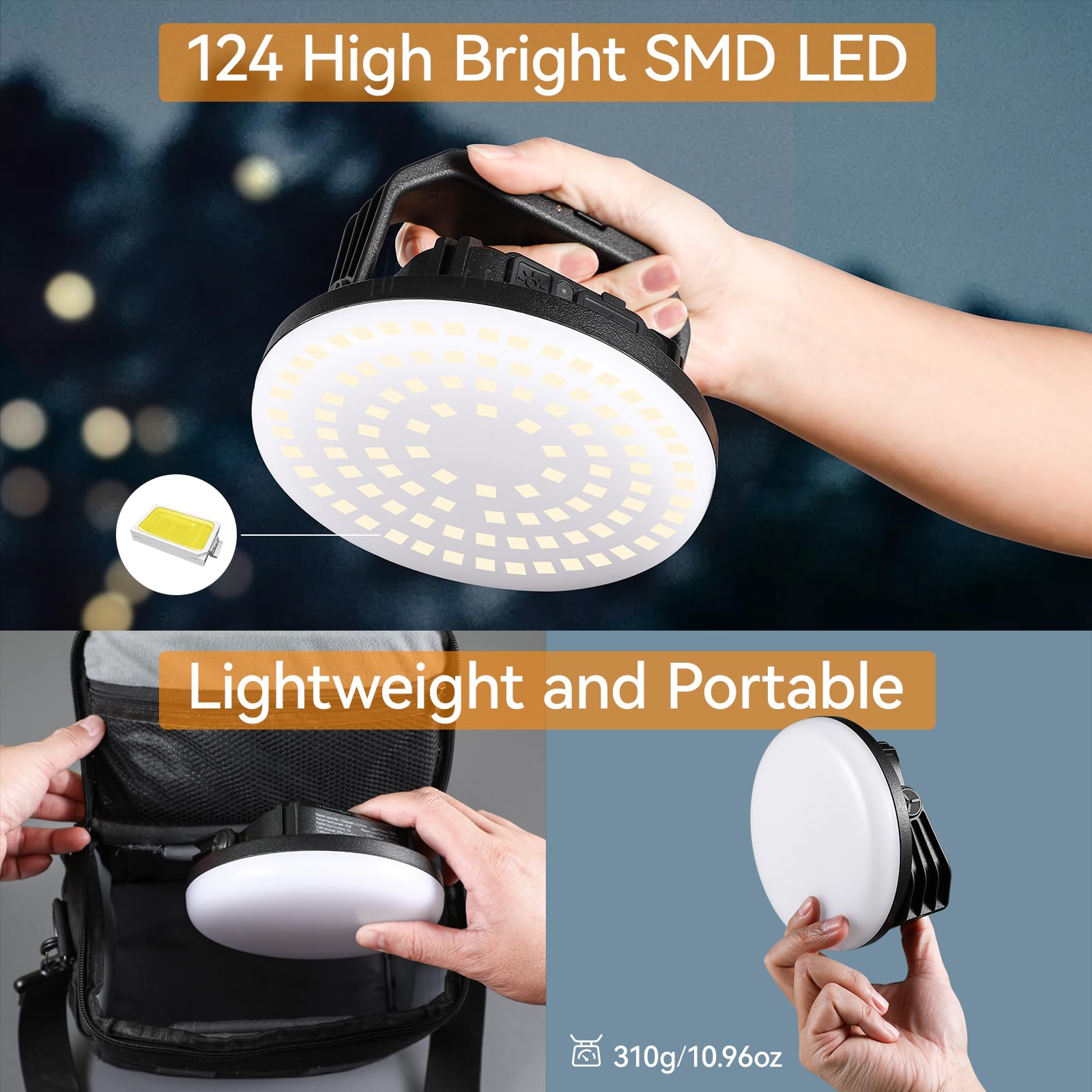 VAVOFO Lanterna da campeggio a LED ricaricabile da 30 W, 3000 lm, 3 modalità di illuminazione, power bank da 7200 mAh, torcia impermeabile IP65, luce portatile con base magnetica per emergenze