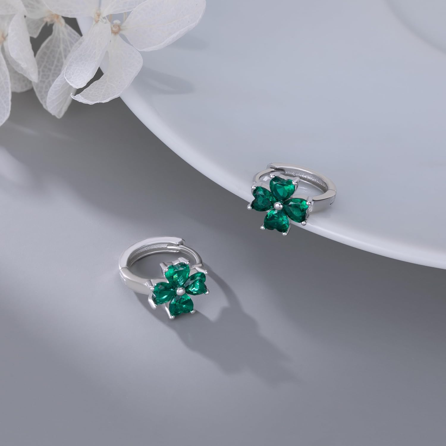Reffeer Solid 925 Sterling Silver CZ Leaf Hoop Earrings Clover for Women Teen Girls Shamrock Earrings Hoops Clover Leaves - Image 4