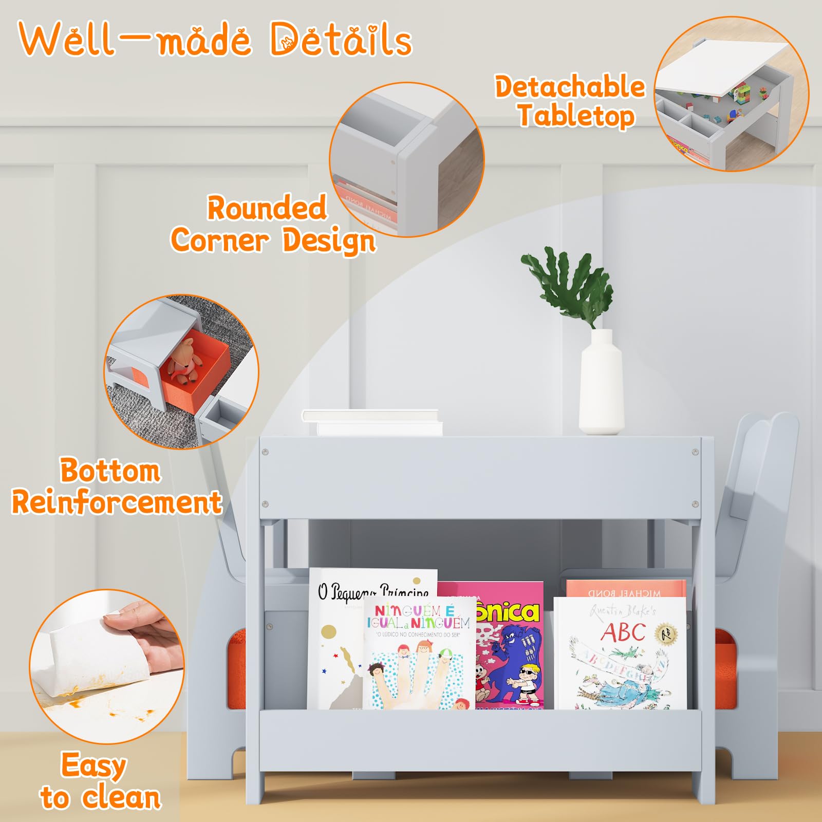 Garvee 4-in-1 Kindertisch und Stuhlset aus Holz – Multifunktional mit beidseitig nutzbarer Tischplatte (Tafel/Whiteboard), Bücherregalen, Schubladen und 2 Stühlen – Viel Stauraum für Kreativität im